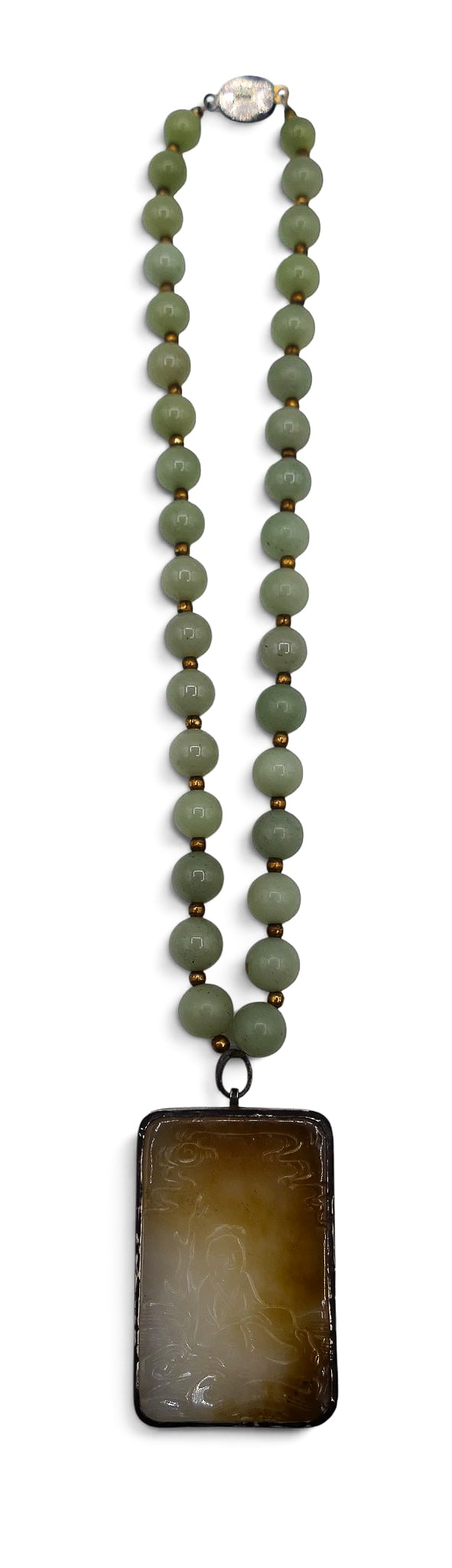 Old Chinese Jade Bead Necklace with Tablet Pendant - 2