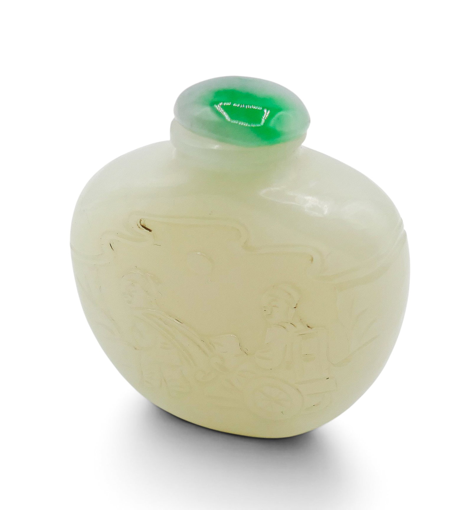 Old Chinese Carved Jade Snuff Bottle: Old Chinese Carved Jade Snuff Bottle 2.25"x2". Relief carved scholar and figure in cart. Replaced jadeite stopper. Overall excellent condition.