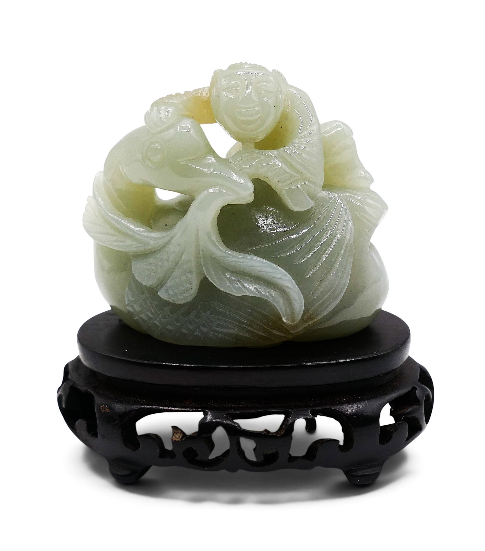 Chinese Jade Boy with Duck Carving on Stand: Chinese Jade Boy with Duck Carving on Stand 3"x3". Celadon coloring on fitted rosewood stand. Figure measures 2"x2.25" by itself. Overall excellent condition.