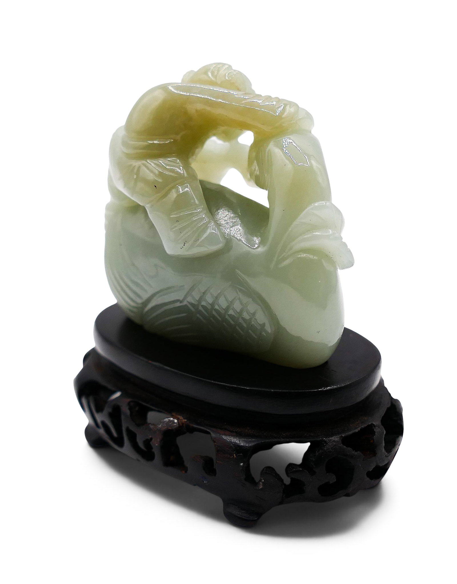 Chinese Jade Boy with Duck Carving on Stand - 3