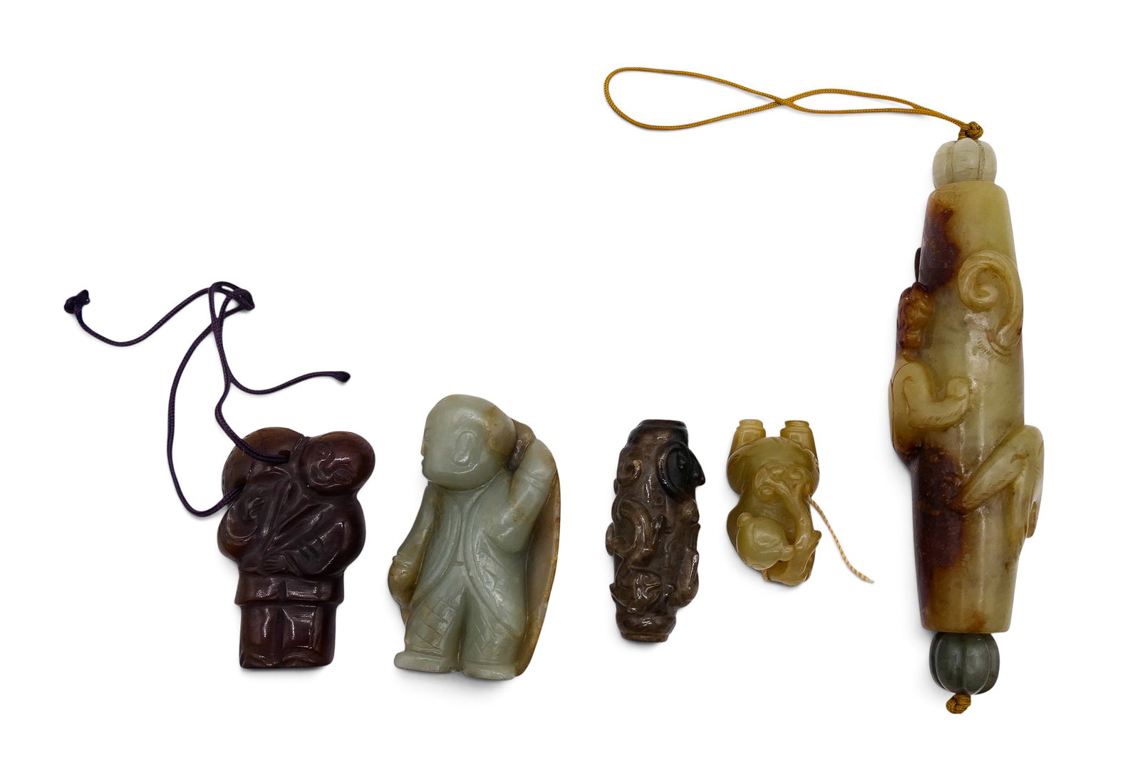5pc Old Chinesse Jade Pendants and Beads etc.: 5pc Old Chinesse Jade Pendants and Beads etc. 1.25" to 4.5". Includes a large chilong bead, grey archaic chilong bead, brown boy pendant, celadon boy figure, and child with lingzhi pendant. Overall