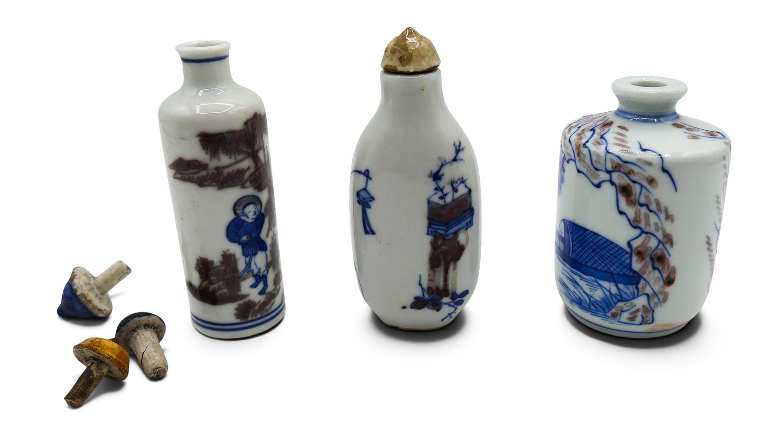 3pc Chinese Copper Red Porcelain Snuff Bottles - 2