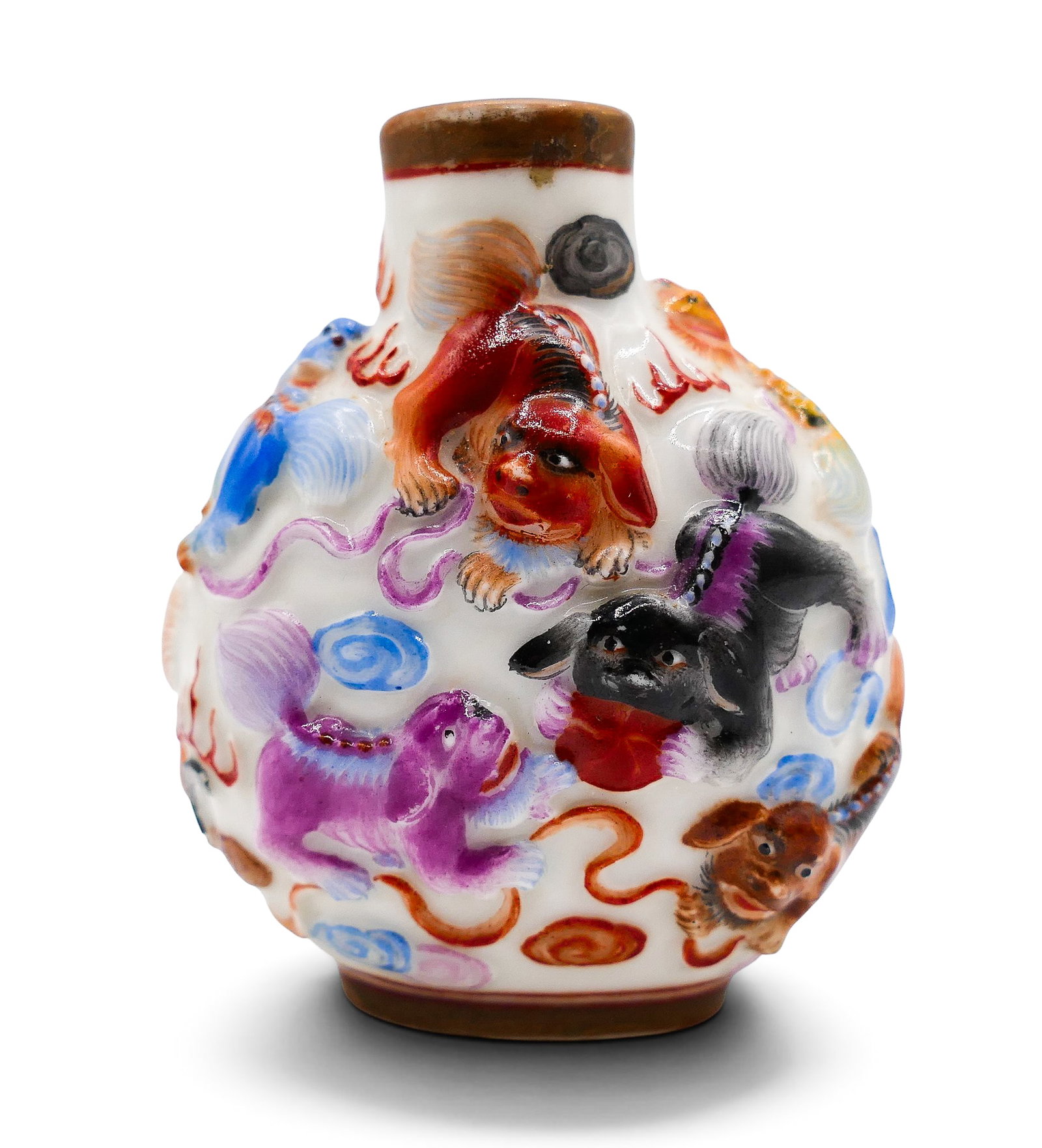 Old Chinese Molded Porcelain Foo Lion Snuff Bottle: Old Chinese Molded Porcelain Foo Lion Snuff Bottle 2.5"x2". Polychrome enameled with nine foo lions with clouds. Three character red enameled mark on bottom. Missing stopper. A few minor edge flakes, 