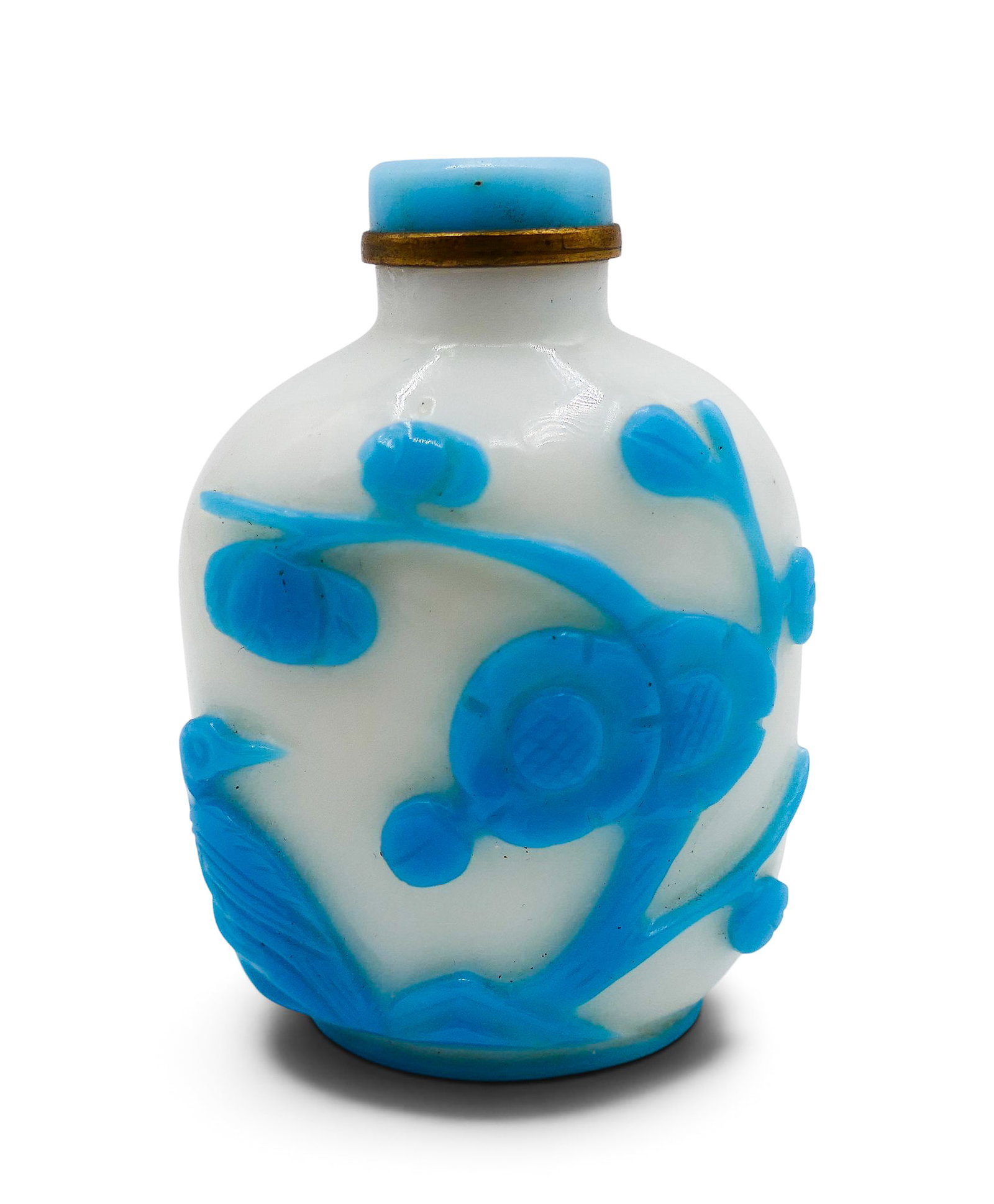 Old Chinese Blue Cut Overlay Snuff Bottle: Old Chinese Blue Cut Overlay Snuff Bottle 2.5"x2". Blue birds and prunus flowers over white. One slight flake to design. Overall excellent condition.