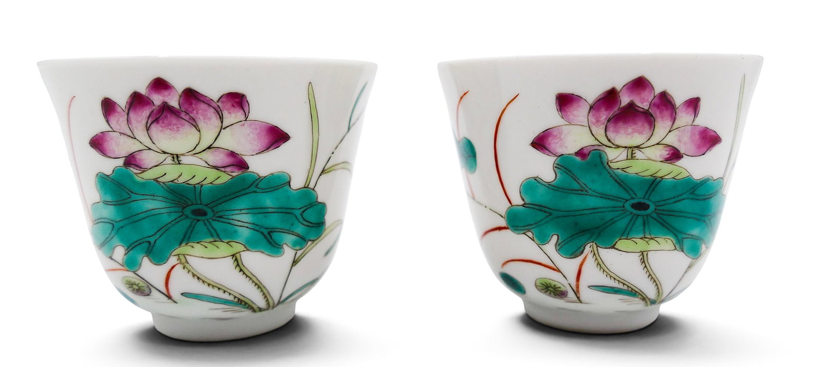 Pair Old Chinese Lotus Porcelain Wine Cups (1 of 4)