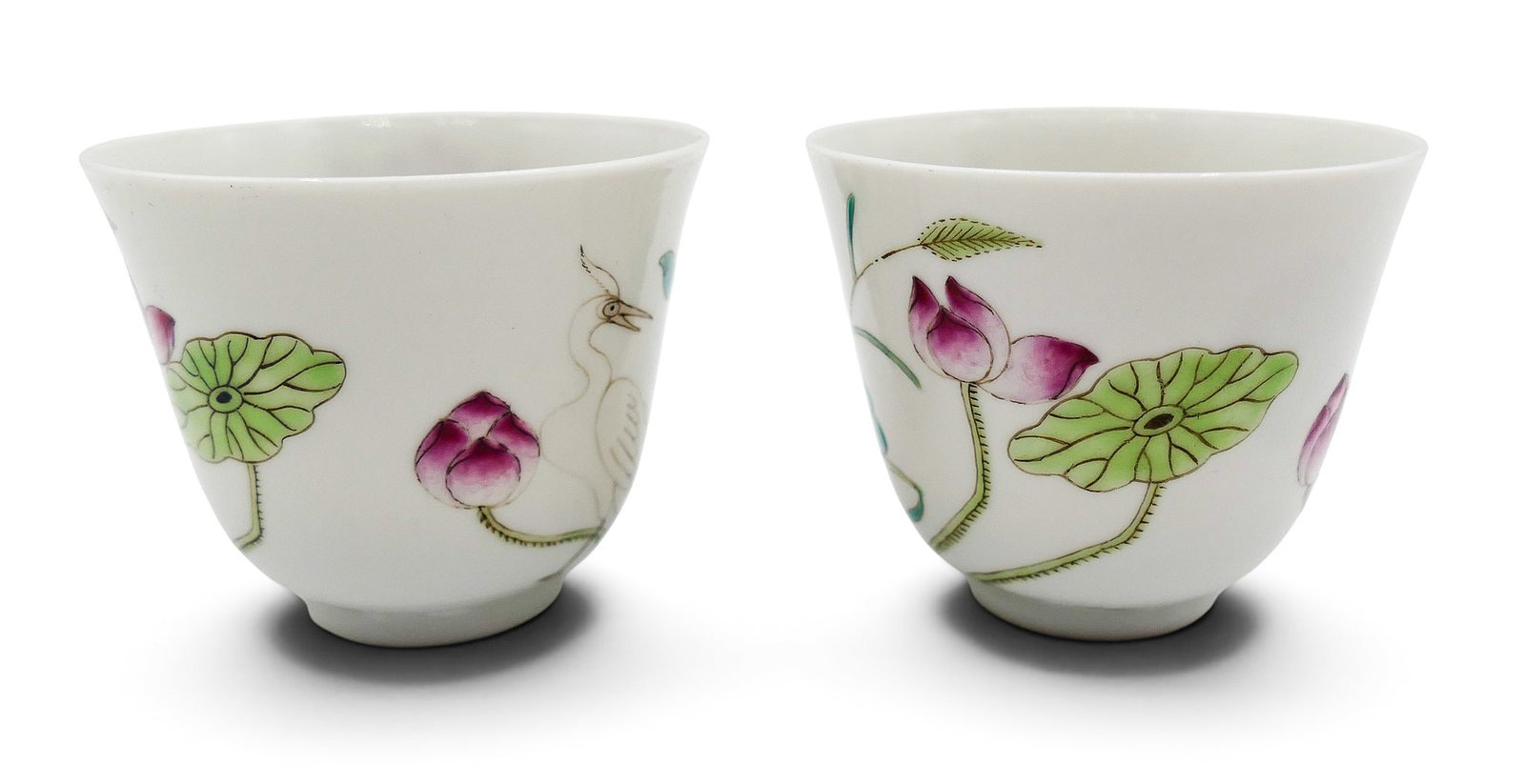 Pair Old Chinese Lotus Porcelain Wine Cups - 2