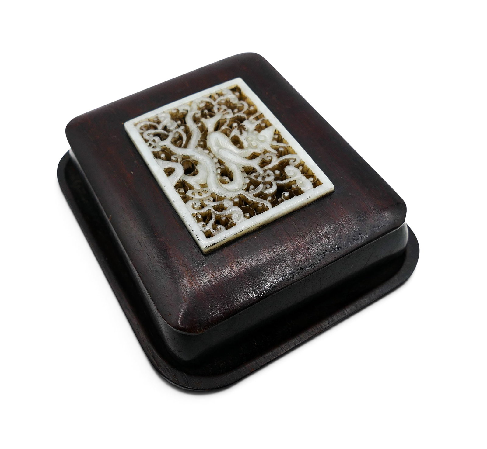 Chinese Ming Style Jade Plaque Rosewood Box with Undertray - 2
