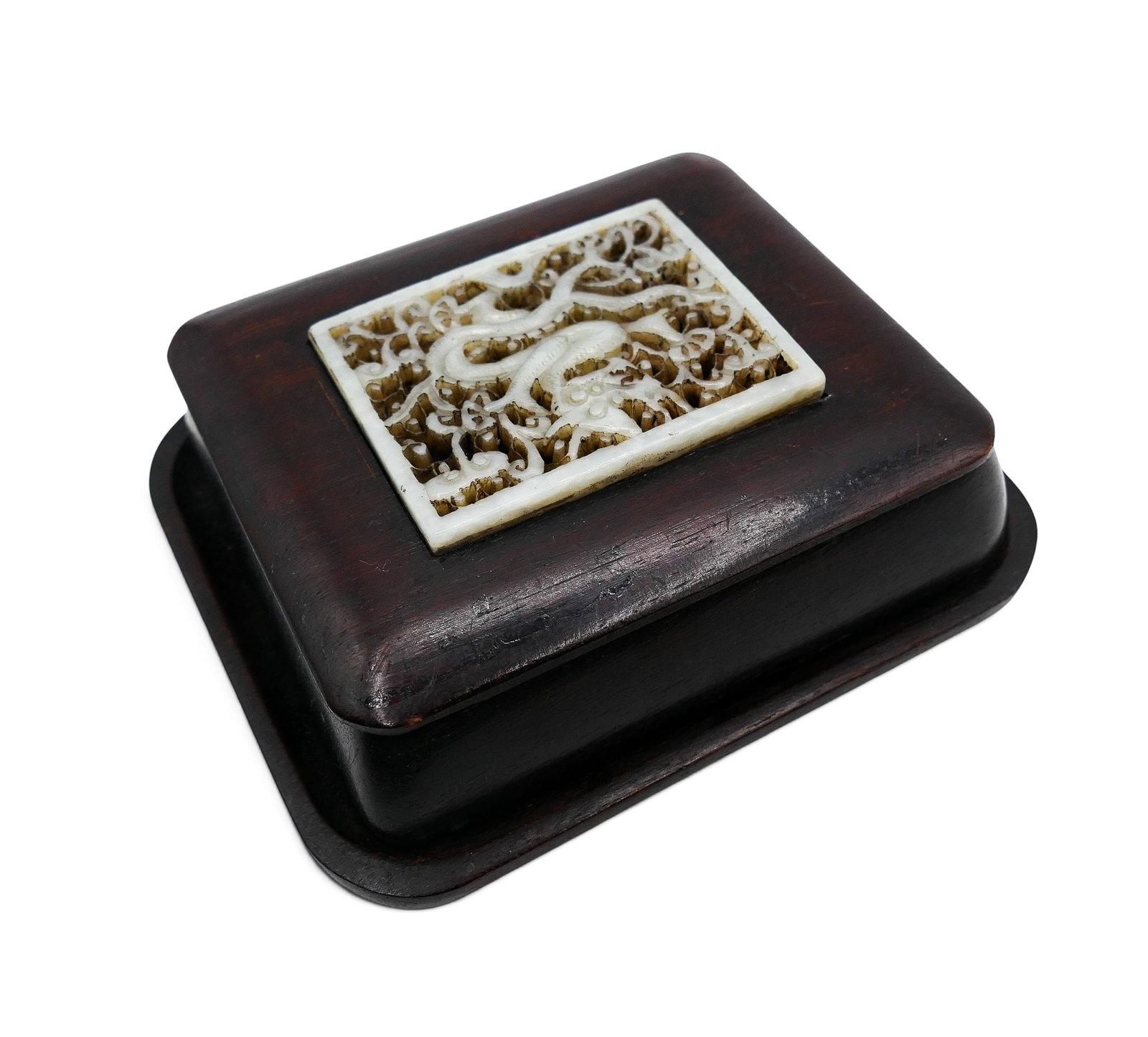 Chinese Ming Style Jade Plaque Rosewood Box with Undertray - 3
