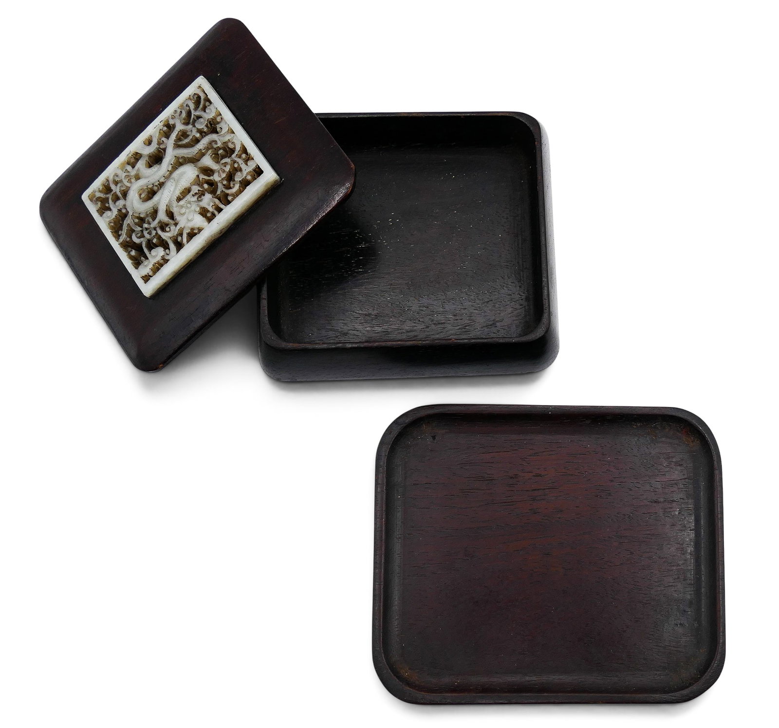 Chinese Ming Style Jade Plaque Rosewood Box with Undertray - 4
