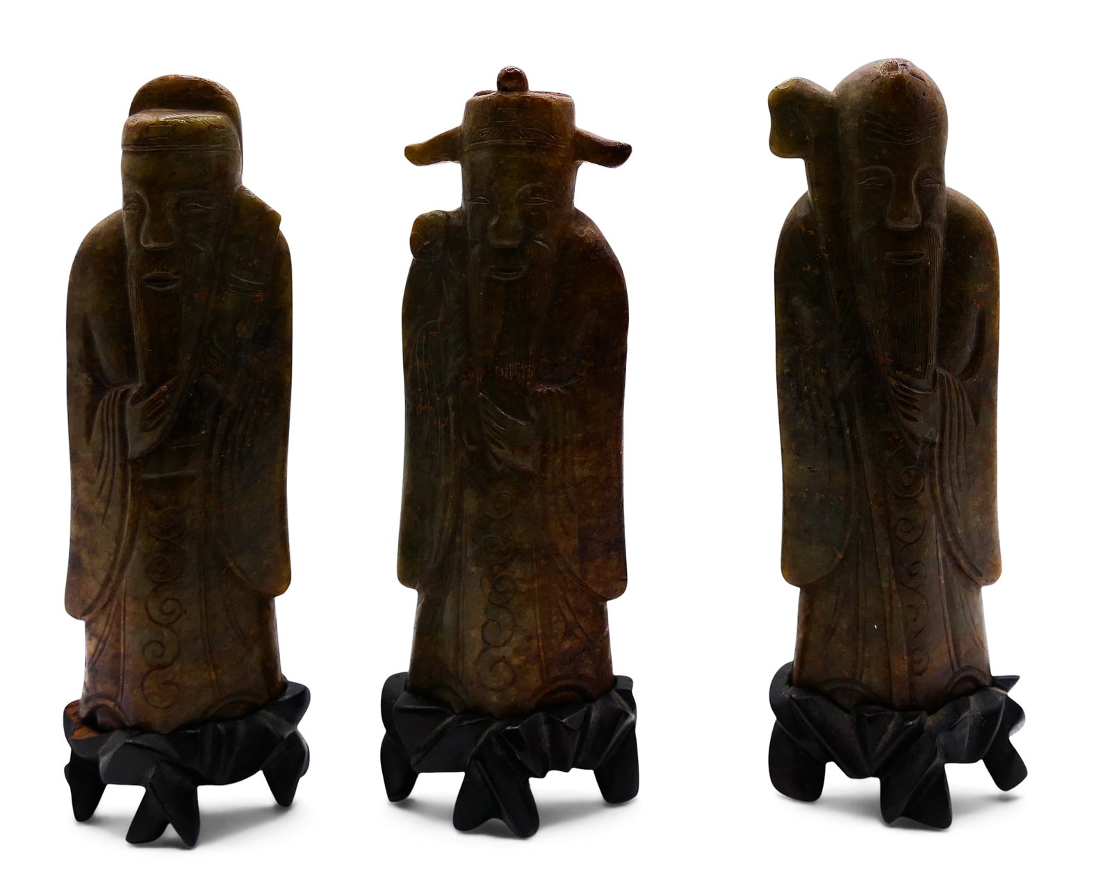 3pc Old Chinese Carved Jade Sanxing Star Gods on Stands: 3pc Old Chinese Carved Jade Sanxing Star Gods on Stands 6.5". Includes fu, lu, and shou gods in brown to celadon jade wtih fitted rosewood stands. Some chipping to stands. Overall excellent condition.