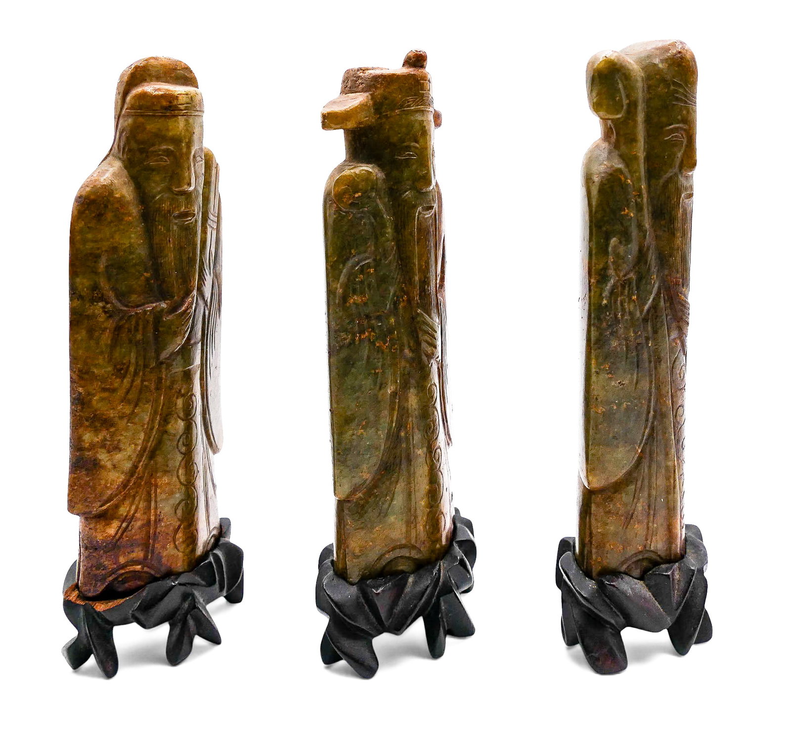 3pc Old Chinese Carved Jade Sanxing Star Gods on Stands - 2
