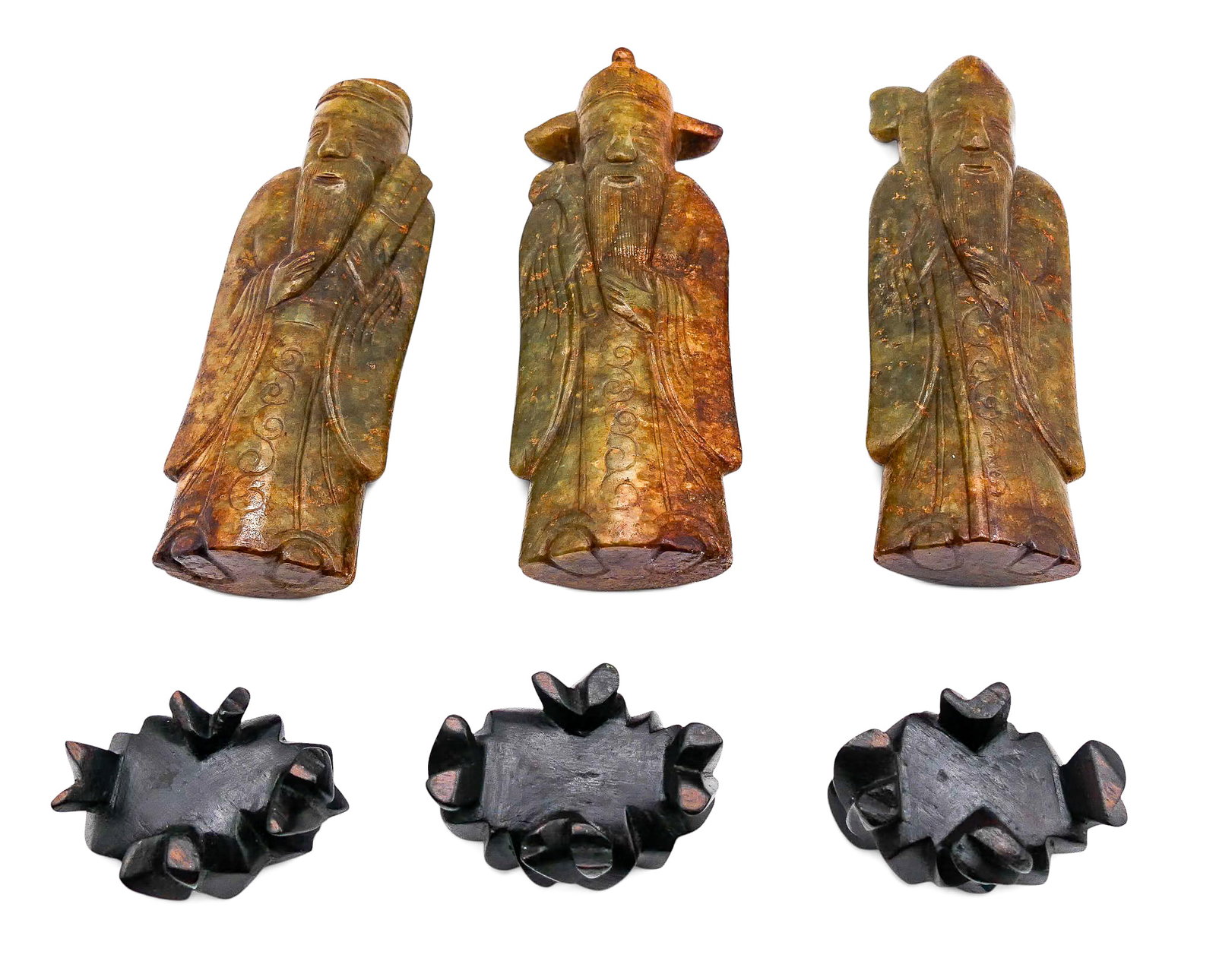 3pc Old Chinese Carved Jade Sanxing Star Gods on Stands - 4