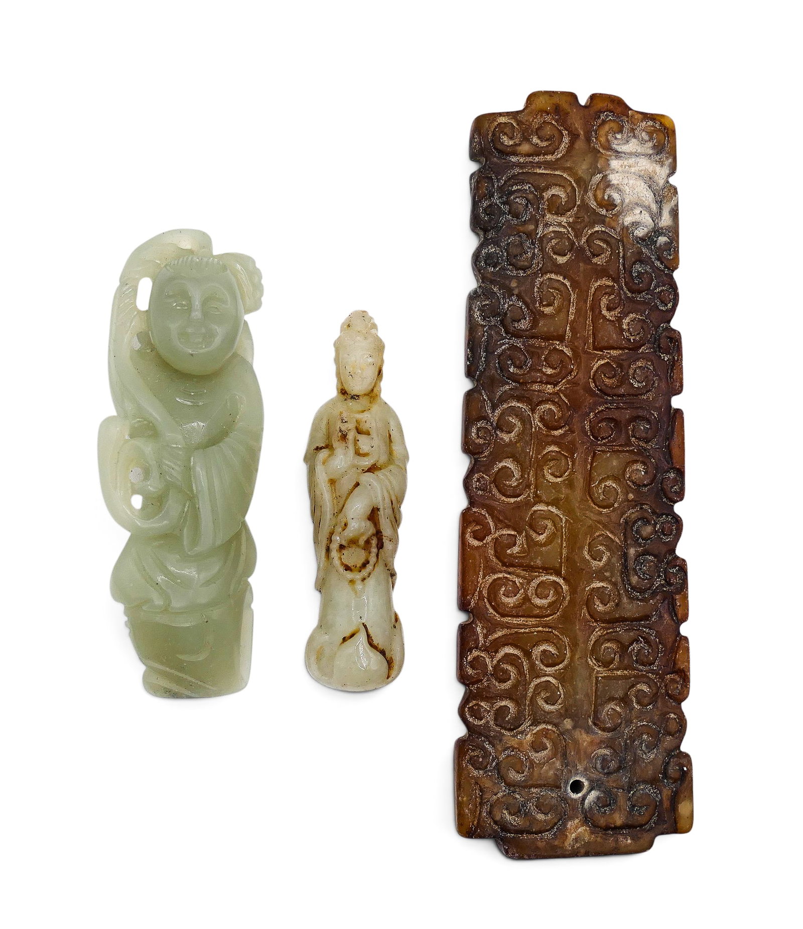 3pc Old Chinese Small Jade Carvings: 3pc Old Chinese Small Jade Carvings 2.25" to 5". Includes a standing guanyin, boy with lotus, and an archaic Han style pendant. Overall excellent condition.