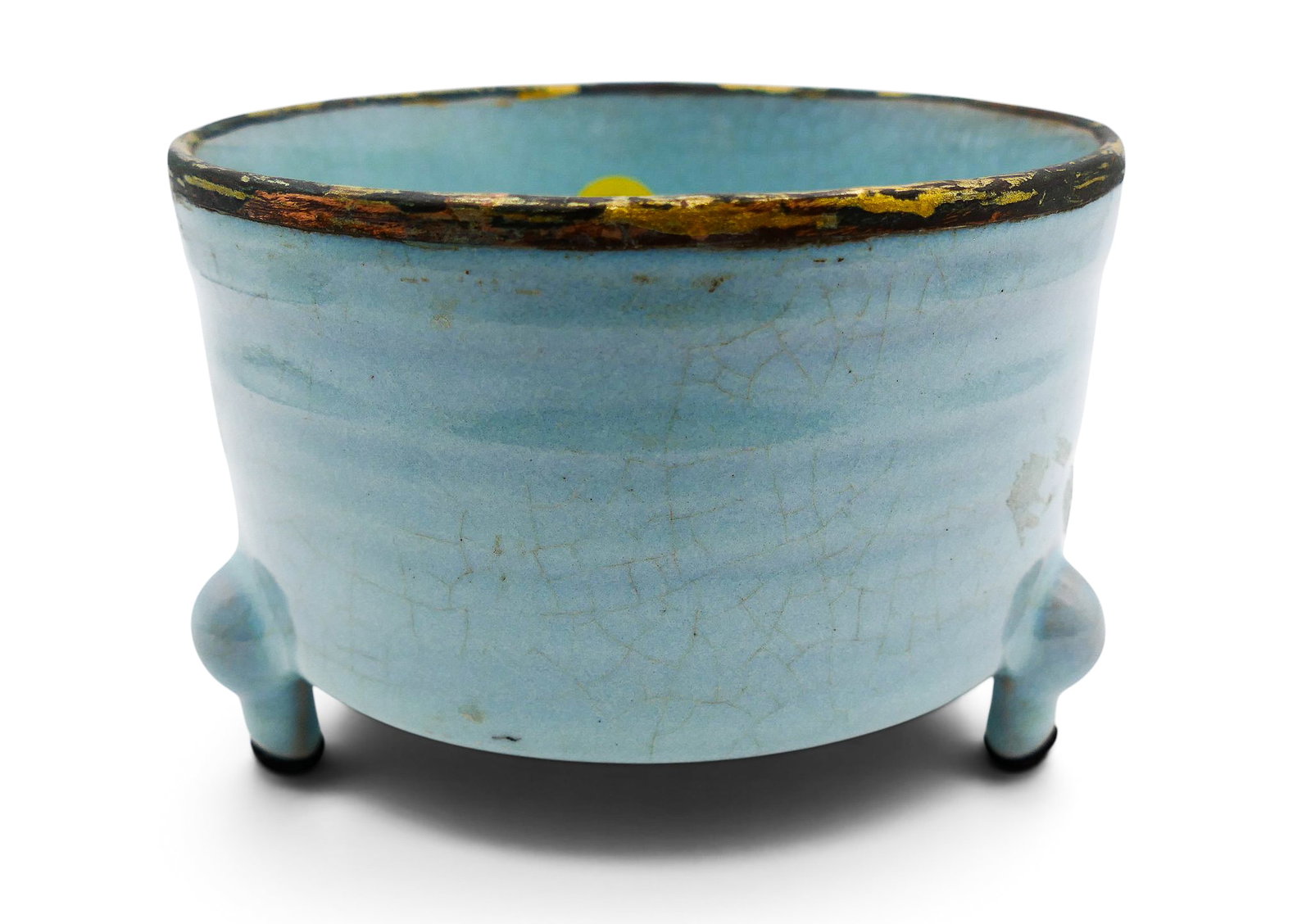 Chinese Blue Guan Type Tripod Censer with Calligraphy: Chinese Blue Guan Type Tripod Censer with Calligraphy 3.75"x5.5". Blue crackle glaze censer with applied copper rim and carved calligraphy on underside. Overall excellent condition, examined under bla