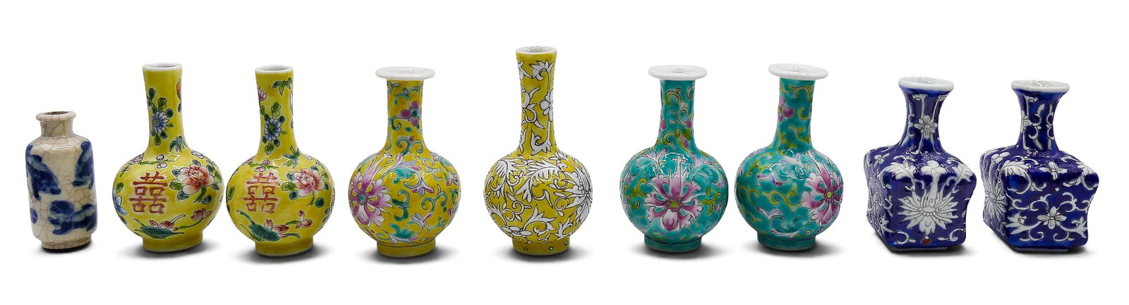 9pc Old Chinese Porcelain Miniature Vases: 9pc Old Chinese Porcelain Miniature Vases 2" to 3.25". Includes three pairs, two single yellow ground, and one crackle glaze. Some have red enameled marks on bottom. Excellent condition, examined
