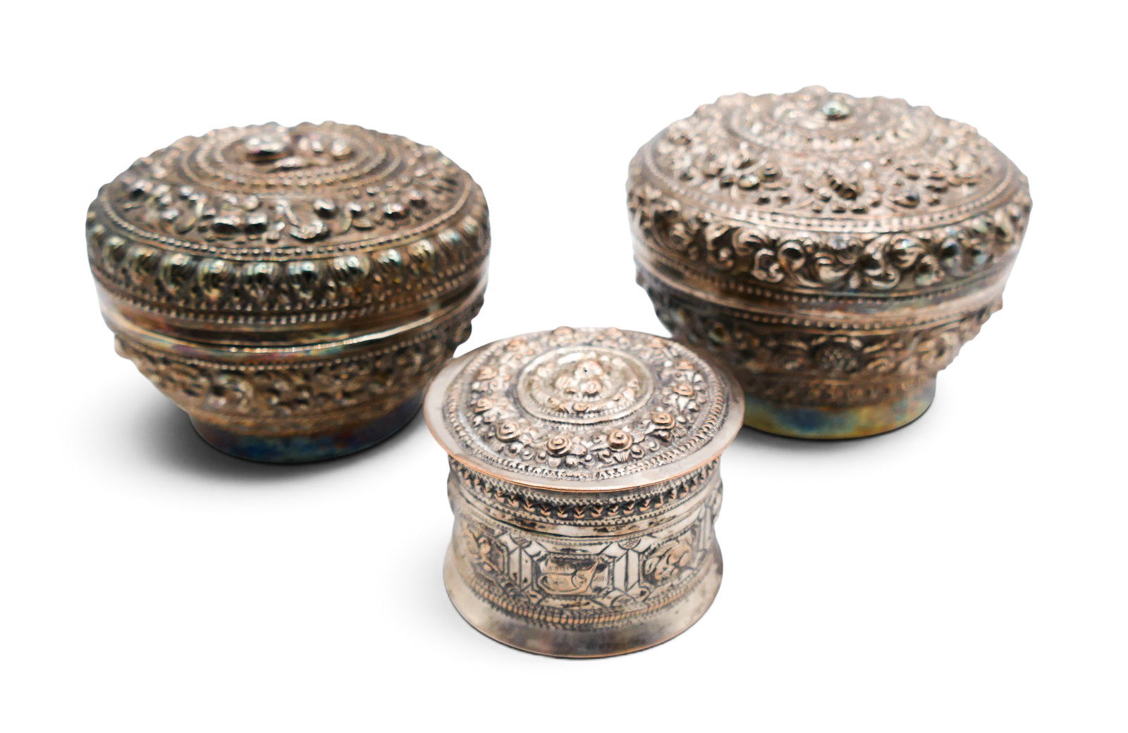 3pc Old Thai Repousse Silver Small Boxes (1 of 4)