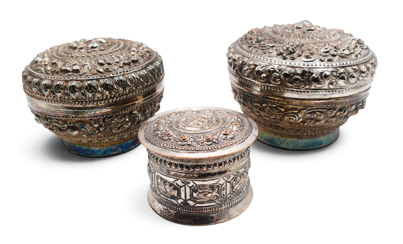 3pc Old Thai Repousse Silver Small Boxes - 2