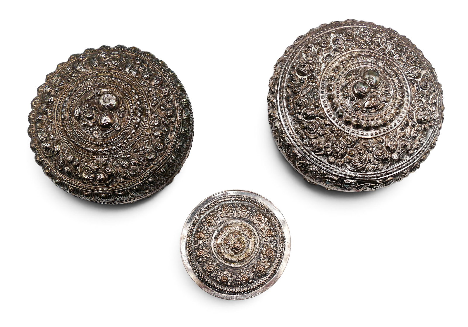 3pc Old Thai Repousse Silver Small Boxes - 3