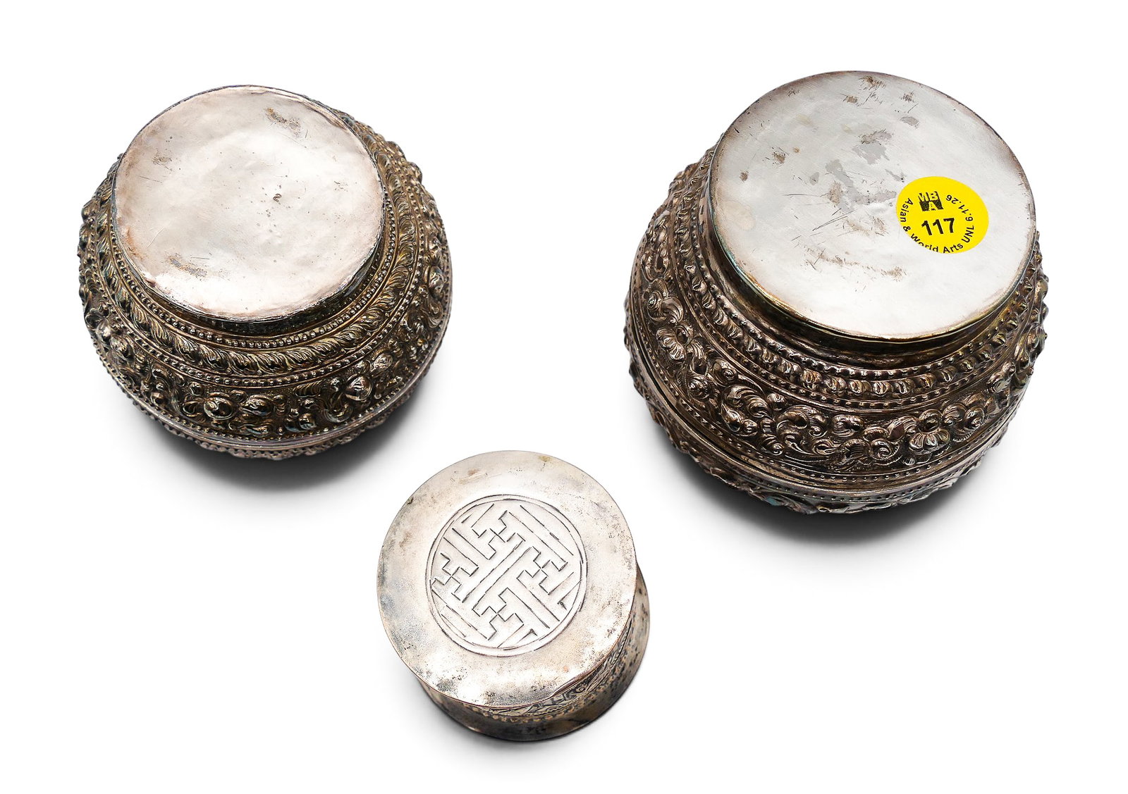 3pc Old Thai Repousse Silver Small Boxes - 4