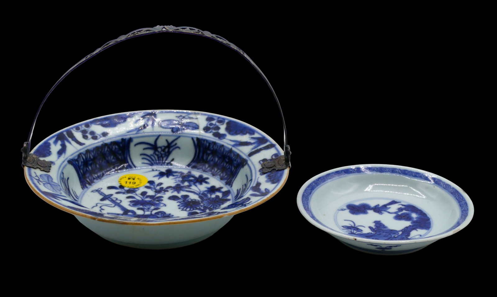 2pc Antique Chinese Blue & White Porcelain Basket and Dish: 2pc Antique Chinese Blue & White Porcelain Basket and Dish 4.25" to 6.5". Includes a silver mounted handled ming basket (repaired) and small 18th century dish (chipped and small crack). 17th to 18th