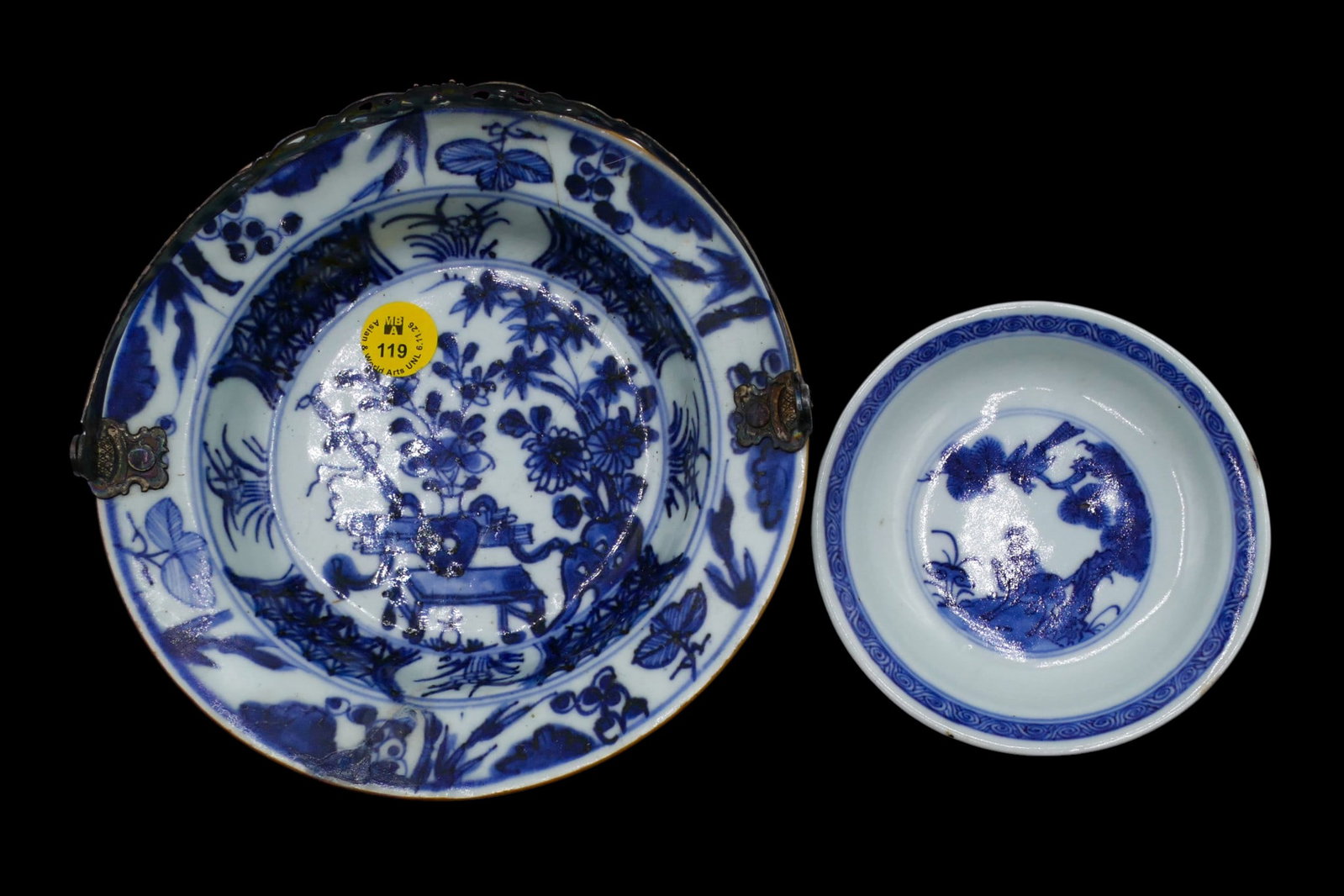 2pc Antique Chinese Blue & White Porcelain Basket and Dish - 2