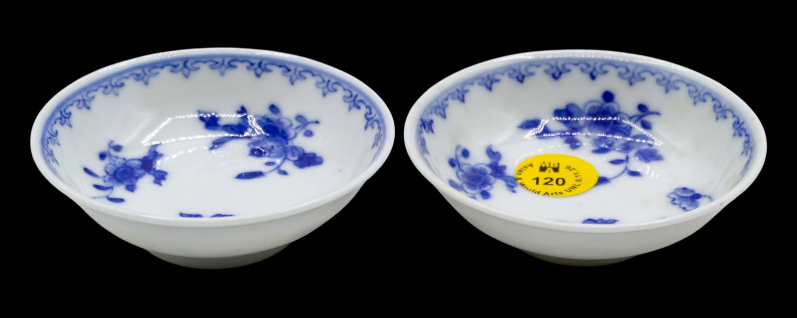 Pair Chinese Guangxu Blue and White Floral Small Dishes: Pair Chinese Guangxu Blue and White Floral Small Dishes 3.25". Matched pair of blue underglaze peony and prunus flower motifs. Six character Guangxu mark and of the period. Excellent condition,