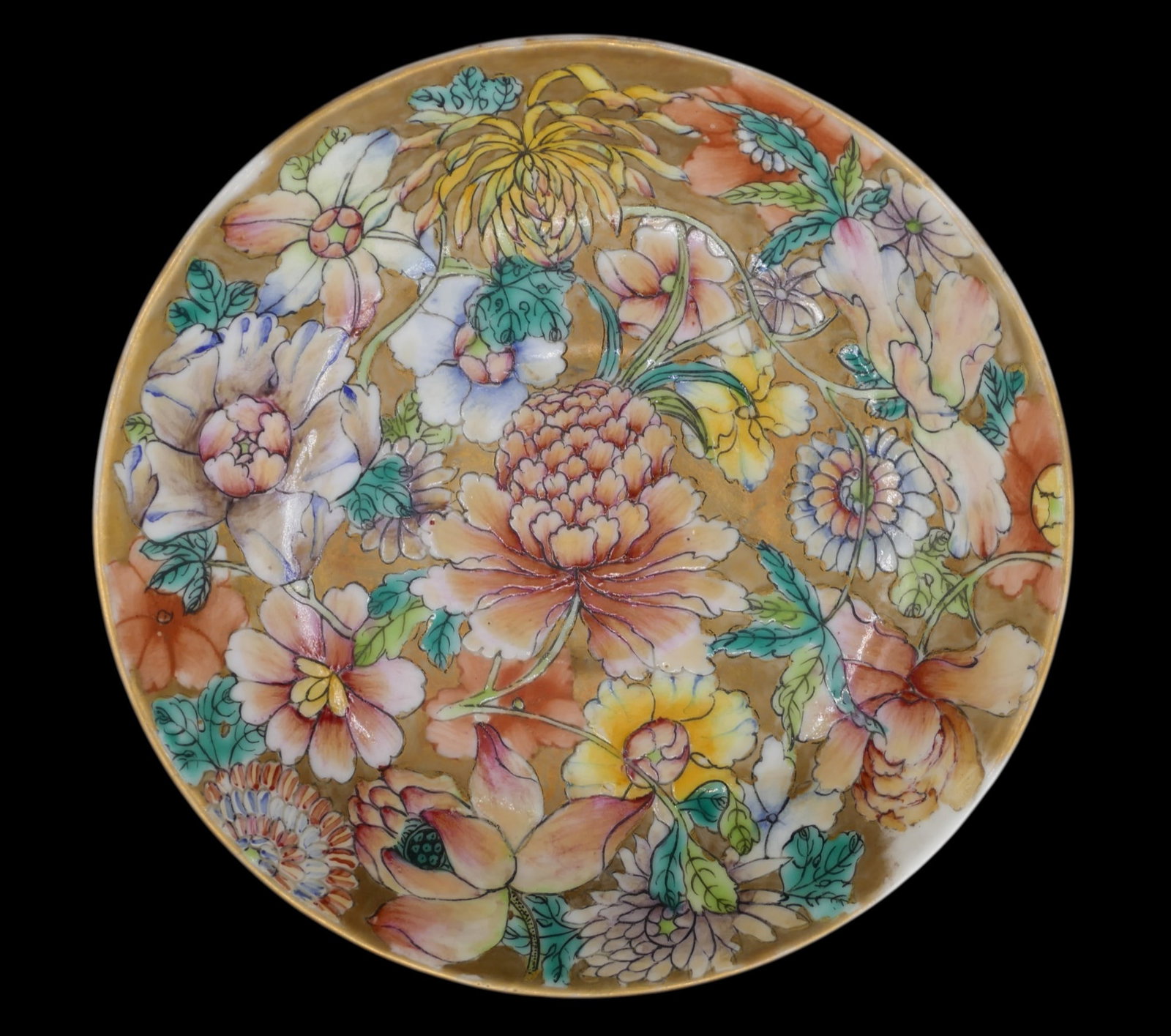 Old Chinese Gold Ground Millefluer Porcelain Dish: Old Chinese Gold Ground Millefluer Porcelain Dish 5". Gilt with polychrome blossoming flower motifs. Six character red enameled Guangxu mark and possibly of the period. Excellent condition, examined