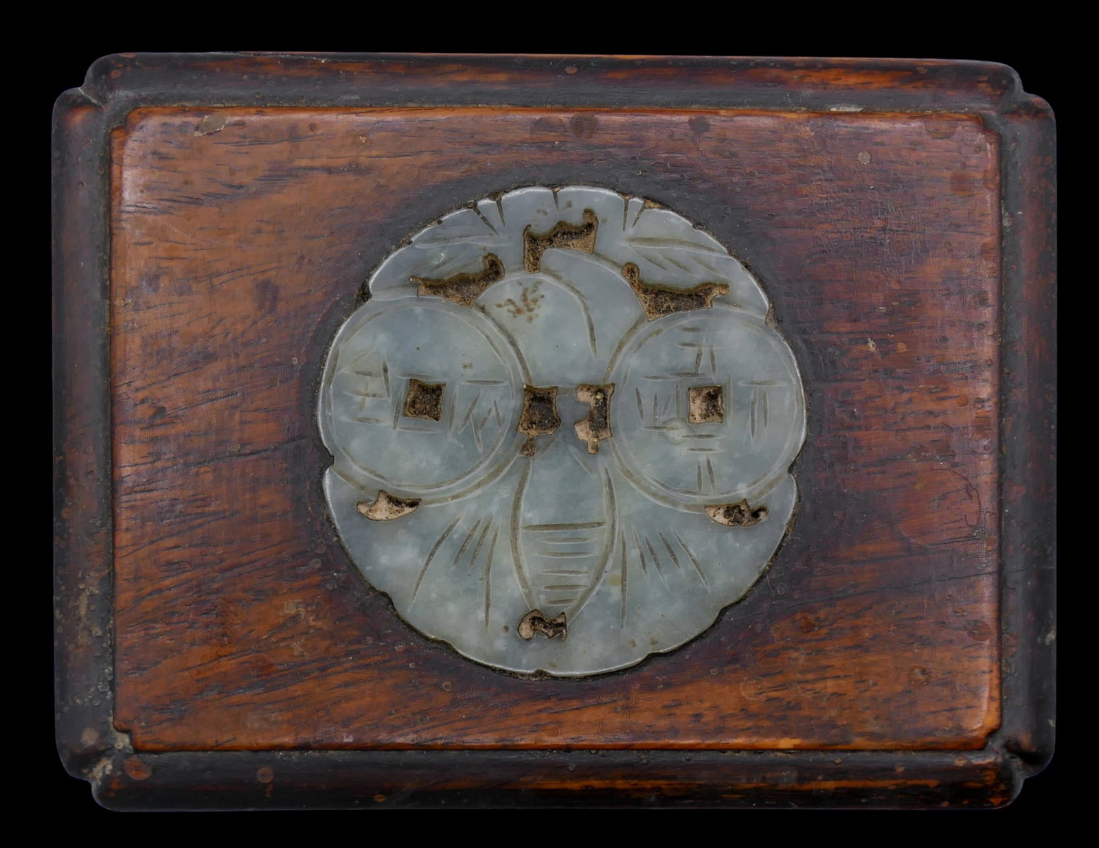 Old Chinese Small Rosewood Box with Jade Plaque - 2
