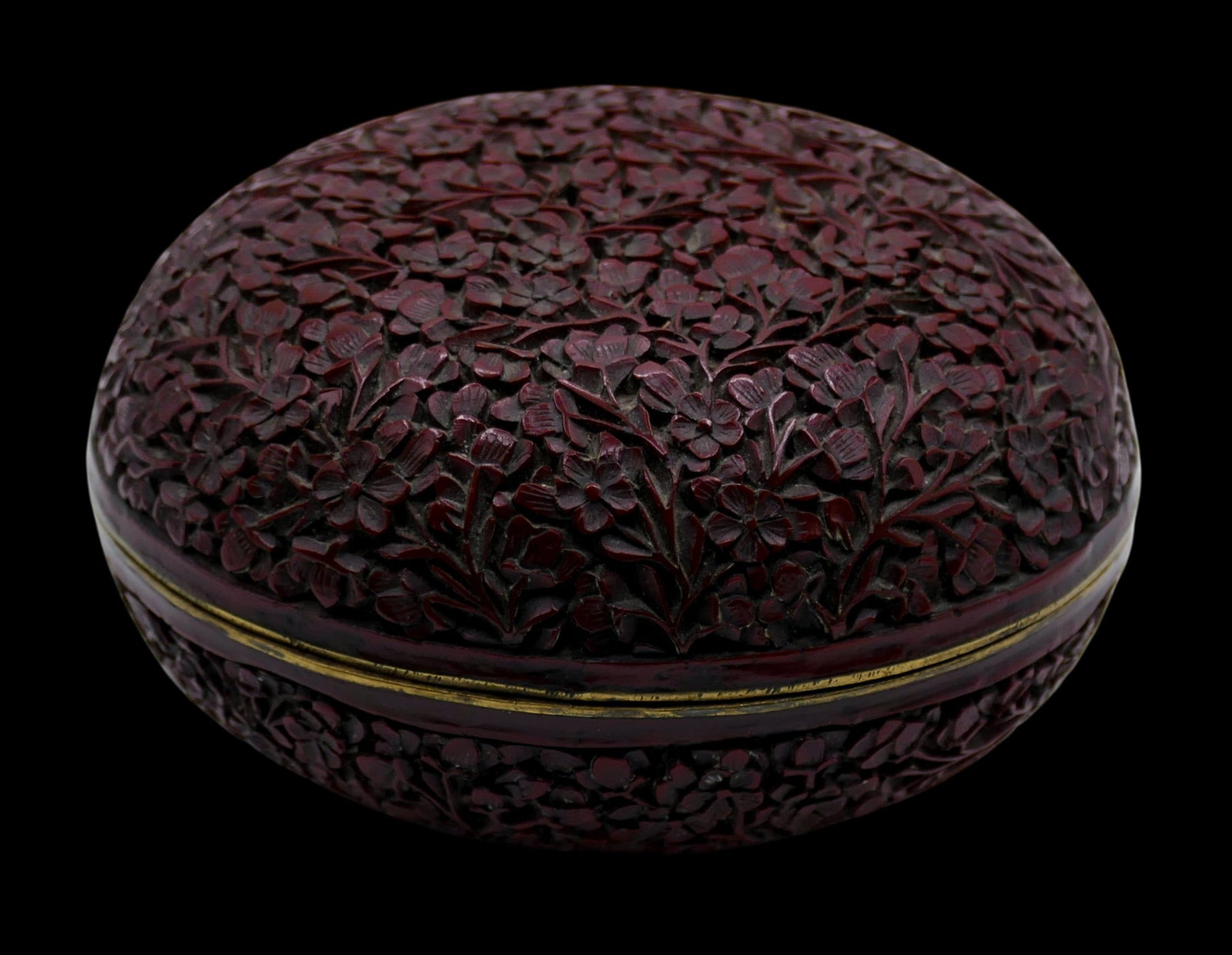 Antique Chinese Carved Cinnabar Lacquer Ink Paste Box: Antique Chinese Carved Cinnabar Lacquer Ink Paste Box 3.75". Intricately carved with all-over prunus flower motifs. There is a small 3/8" piece missing on one side. Overall excellent condition for its