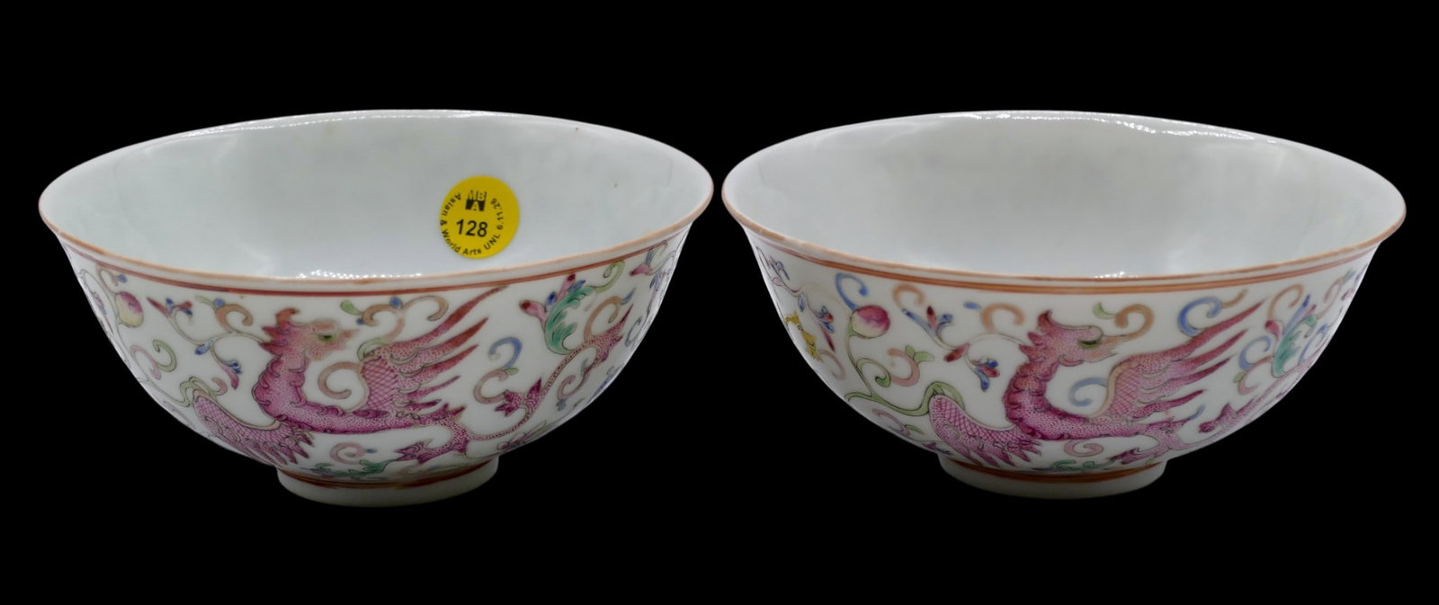Pair Chinese Famille Rose Mythical Creatures Porcelain Bowls: Pair Chinese Famille Rose Mythical Creatures Porcelain Bowls 2.5"x5.5". Polychrome enameled with three-color mythical creatures. Red enameled Qianlong seal marks. Excellent condition, examined under