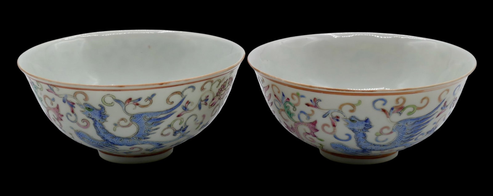 Pair Chinese Famille Rose Mythical Creatures Porcelain Bowls - 2