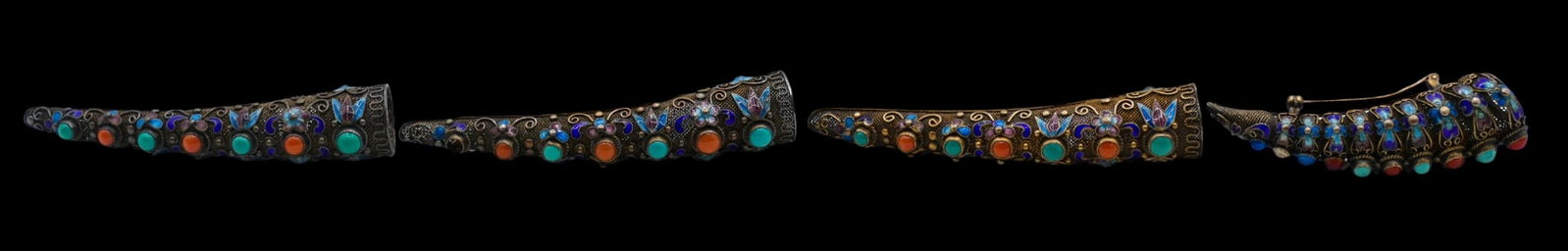 4pc Chinese Enameled and Jeweled Filigree Silver Nail Guard Brooches: 4pc Chinese Enameled and Jeweled Filigree Silver Nail Guard Brooches 3" to 3.5". Set with coral and turquoise cabochons with polychrome enameling. One missing cabochon and a small amount of enamel