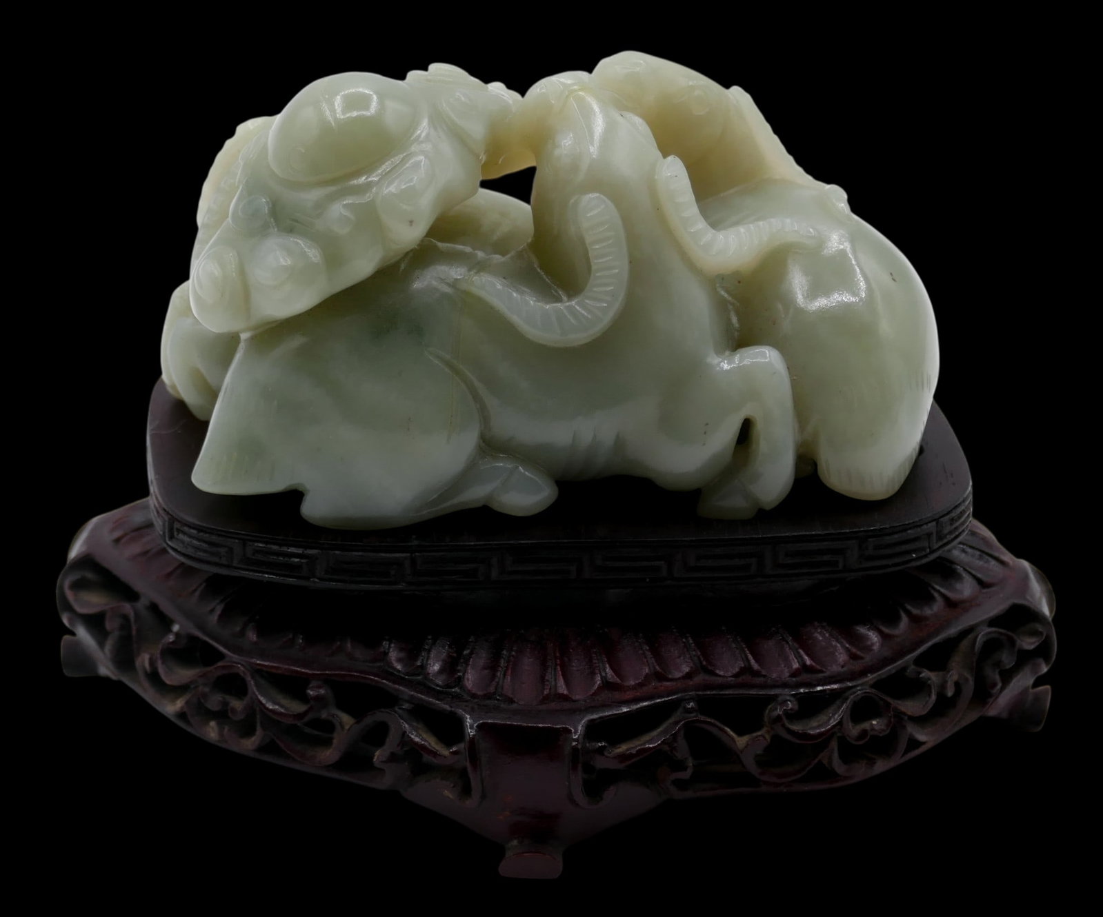 Old Chinese Carved Jade Ram Figure Group on Stand - 2