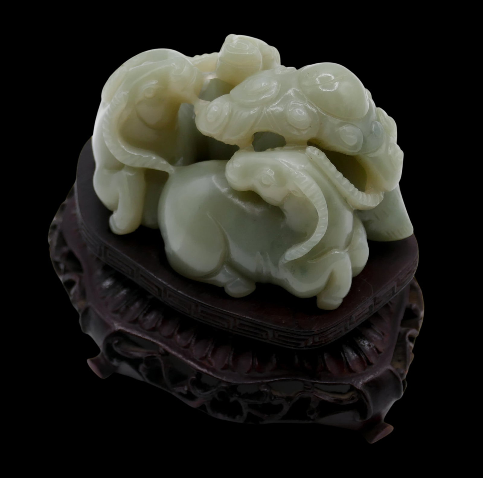 Old Chinese Carved Jade Ram Figure Group on Stand - 4