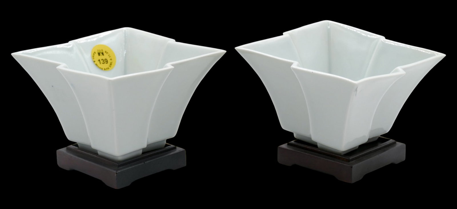 Pair Japanese Blanc de Chine Porcelain Libation Cups on Stands: Pair Japanese Blanc de Chine Porcelain Libation Cups on Stands 3"x5.5". White porcelain libation cups or small planters on fitted rosewood stands. Impressed oval seal marks. One has a slight chip to