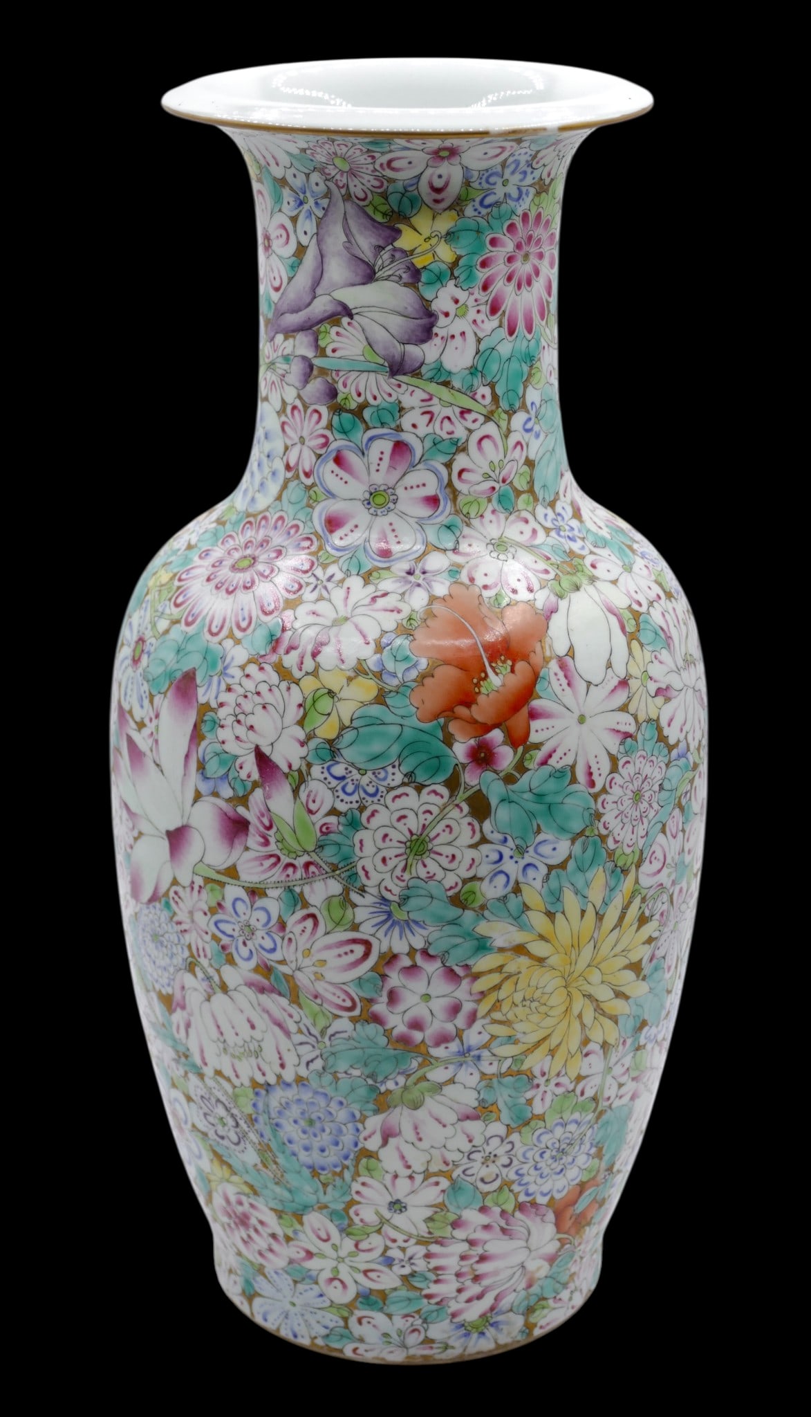 Chinese Republic Gold Ground Millefleur Porcelain Vase: Chinese Republic Gold Ground Millefleur Porcelain Vase 14"x6.5". Gilt ground with polychrome enameled blossoming flowers. Unmarked. Excellent condition, examined under blacklight. 20th century,