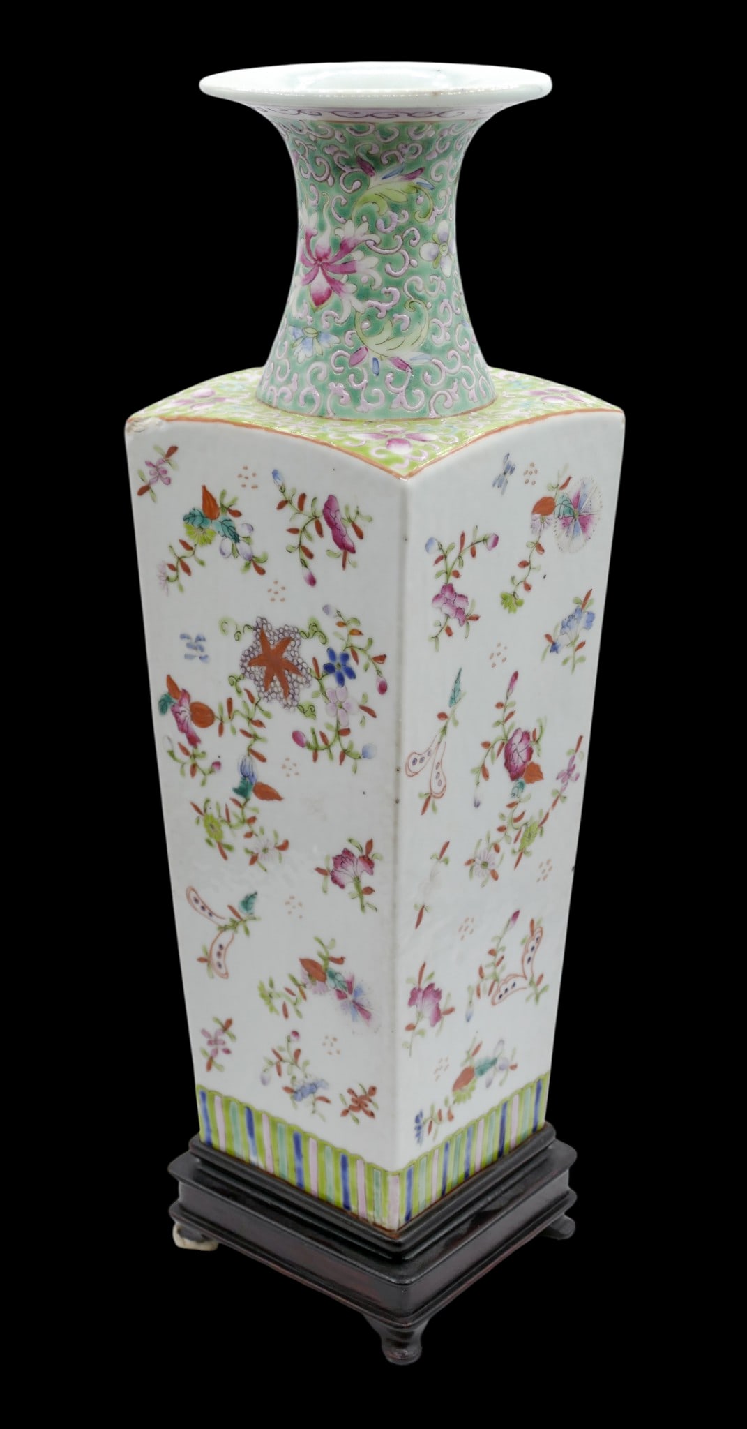 Antique Chinese Famille Rose Square Porcelain Vase on Stand - 2