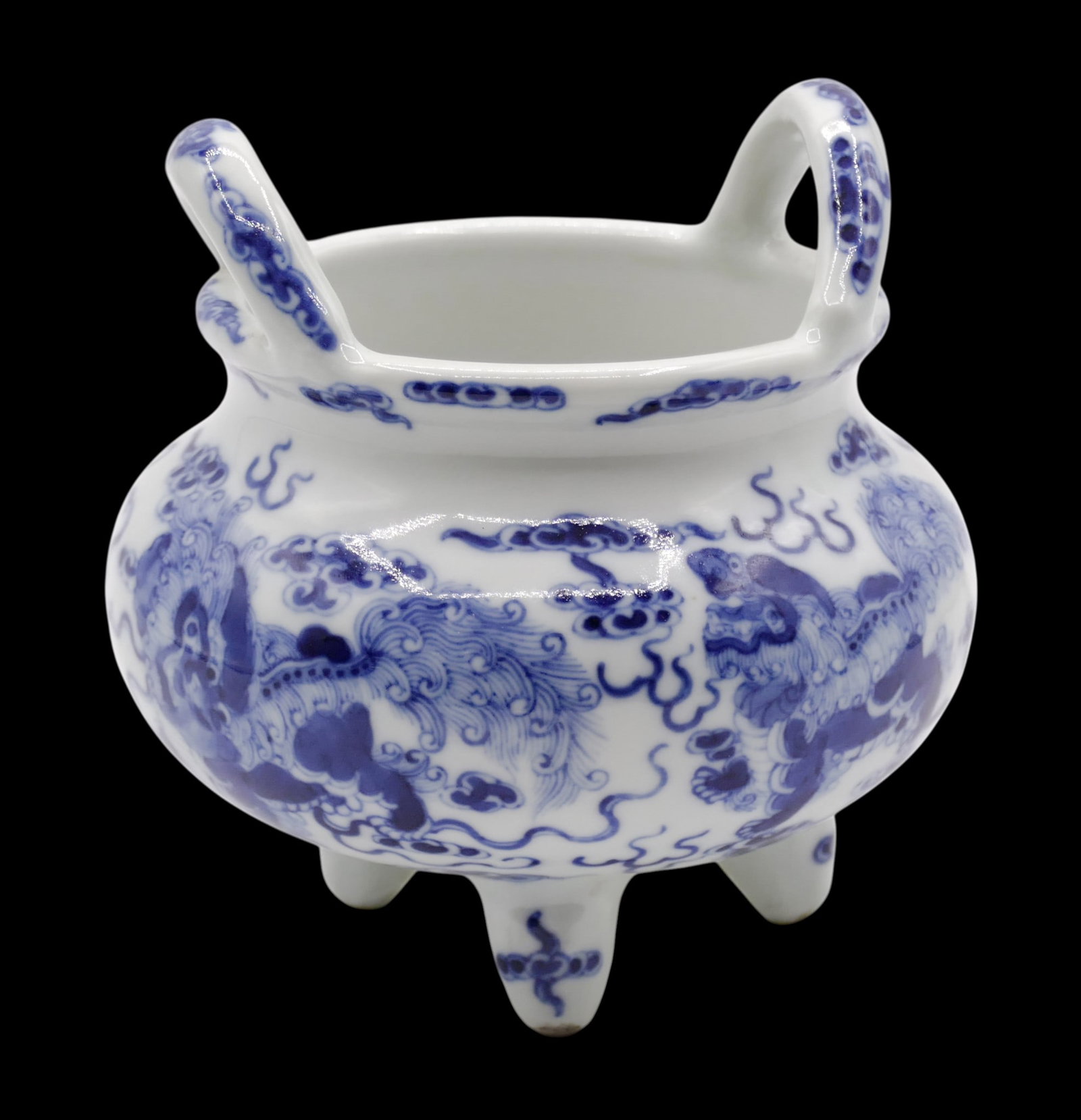 Chinese Blue and White Porcelain Tripod Censer with Mythological Beasts: Chinese Blue and White Porcelain Tripod Censer with Mythological Beasts 5"x5". Blue underglaze four mythological beasts amongst clouds. Unmarked. Excellent condition.