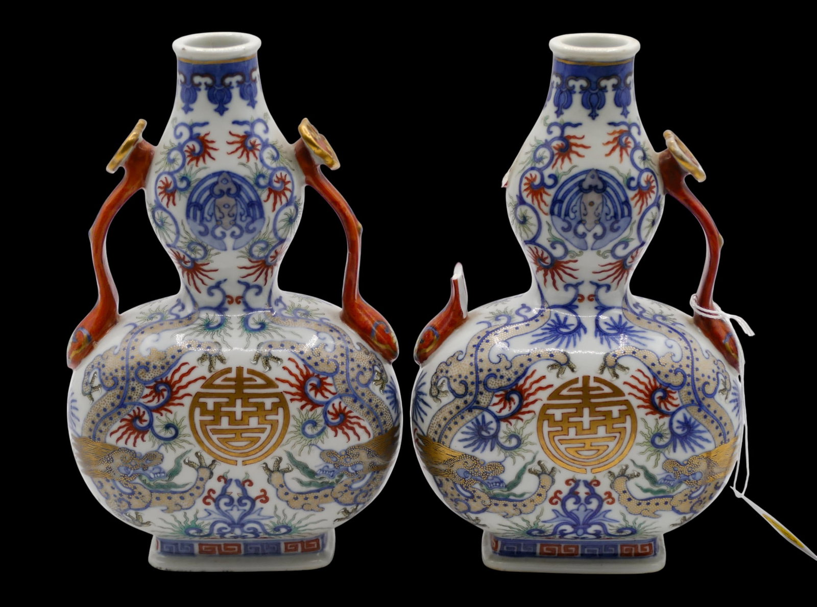 Pair Antique Chinese Doucai Double Gourd Porcelain Dragon Vases (1 of 3)
