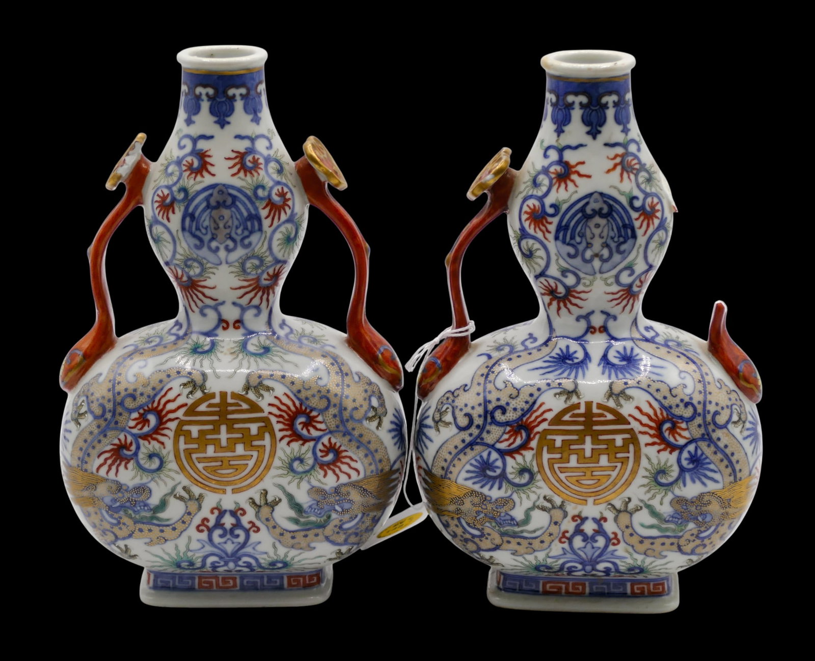 Pair Antique Chinese Doucai Double Gourd Porcelain Dragon Vases - 2