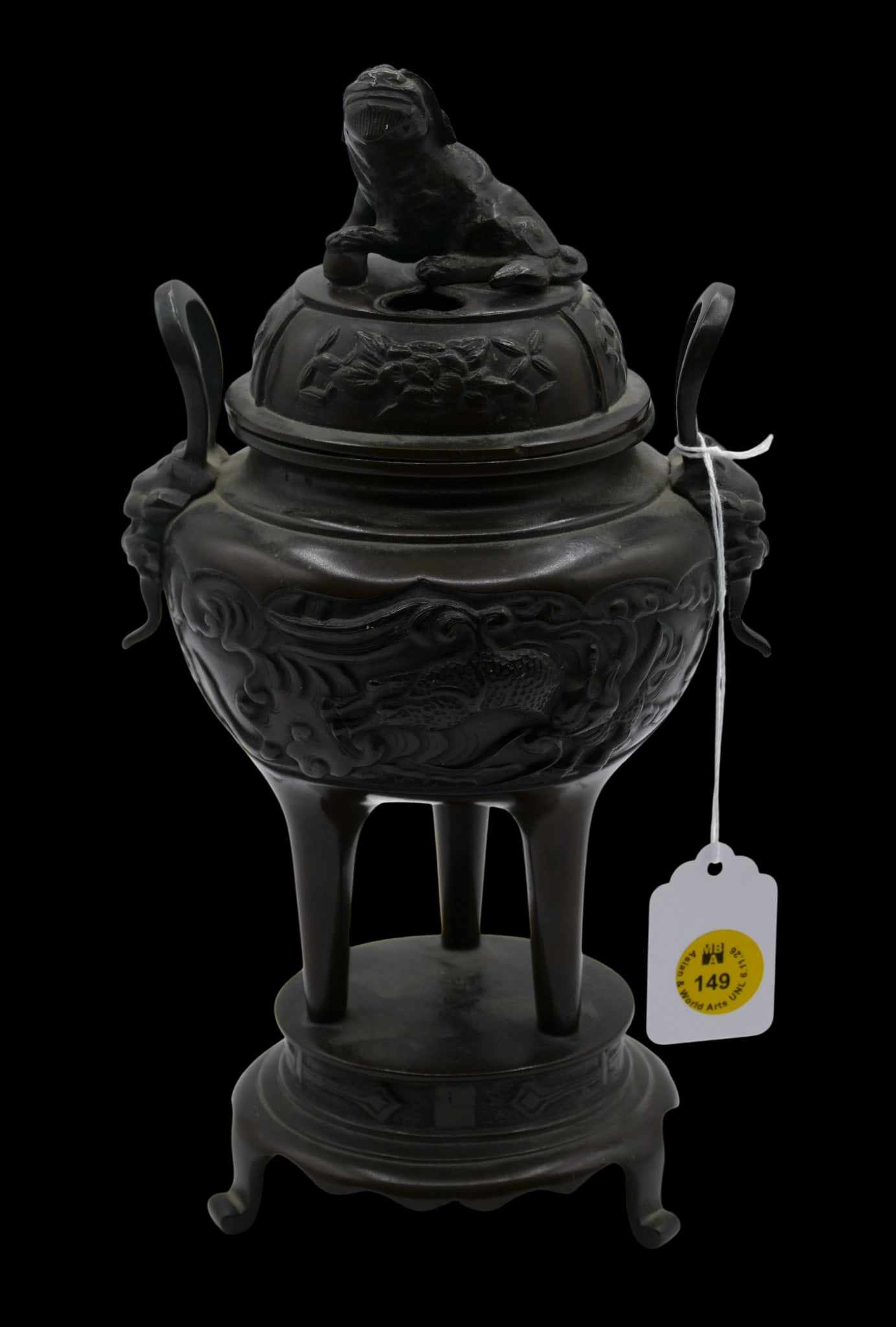 Antique Japanese Bronze Koro Tripod Censer on Stand: Antique Japanese Bronze Koro Tripod Censer on Stand 9.5"x5.25". Figural foo lion finial with kirin motifs. Excellent condition. Early 20th century, Meiji era.