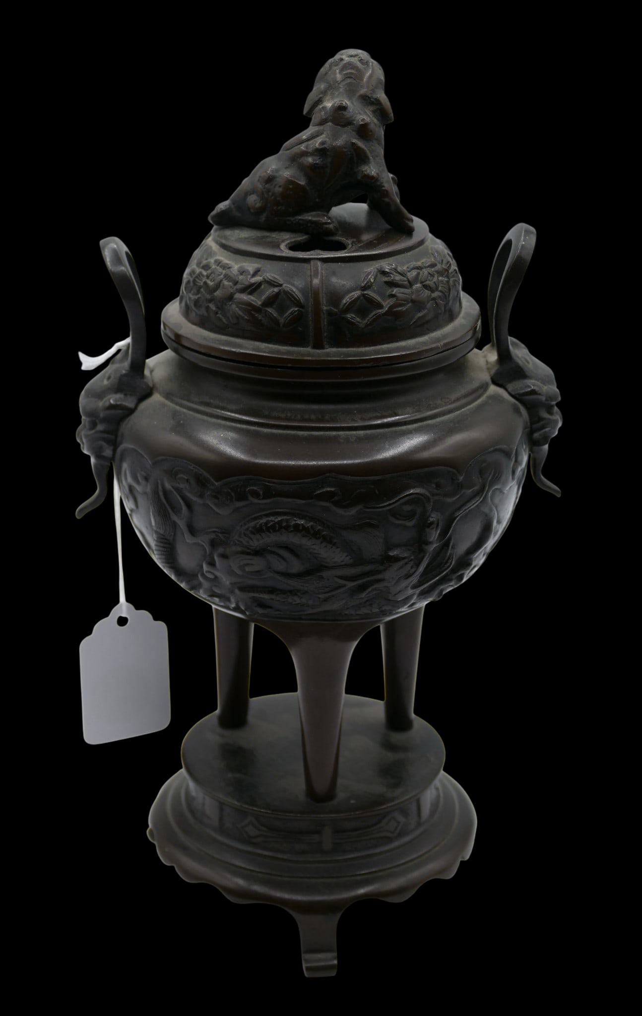 Antique Japanese Bronze Koro Tripod Censer on Stand - 2