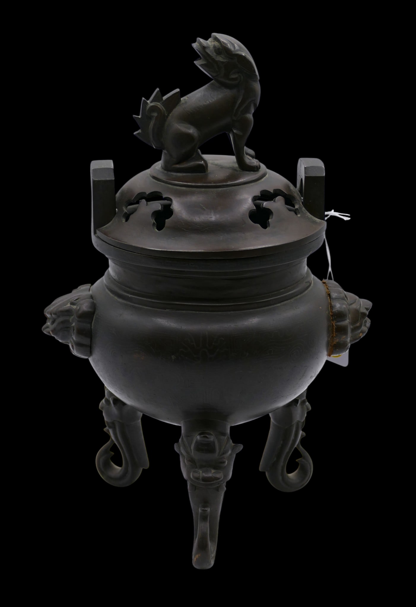 Old Chinese Silver Inlaid Bronze Tripod Censer: Old Chinese Silver Inlaid Bronze Tripod Censer 10.5"x7". Figural foo lion finial with silver wire inlaid taotie mask motifs. Two character silver wire inlaid mark. Excellent condition.
