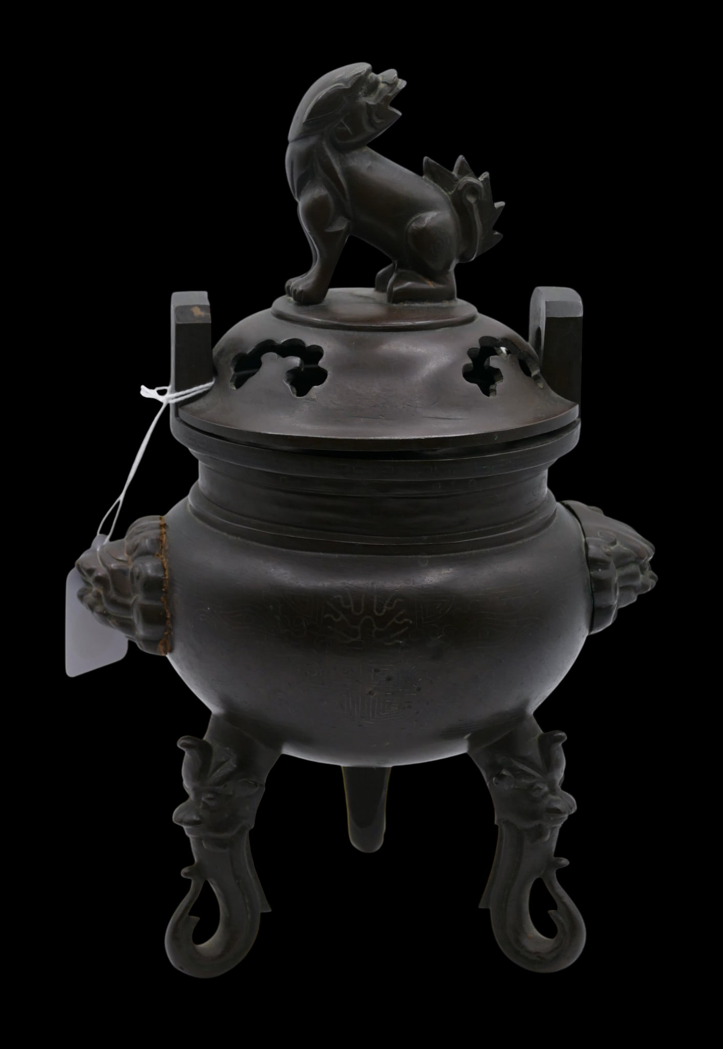 Old Chinese Silver Inlaid Bronze Tripod Censer - 2