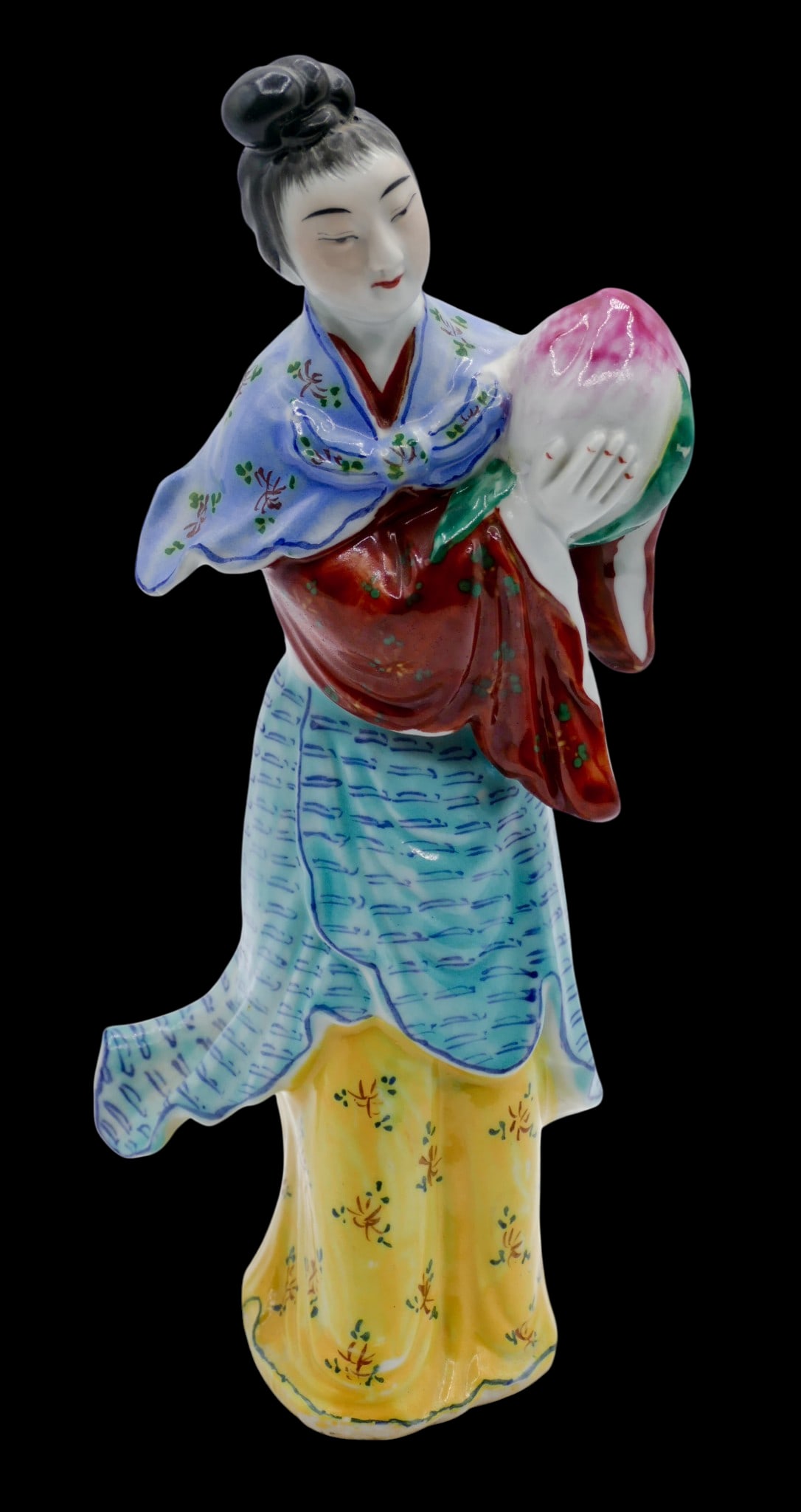 Chinese Republic Porcelain Girl with Peach Figurine: Chinese Republic Porcelain Girl with Peach Figurine 10"x4". Polychrome enameled with impressed maker's mark on bottom. Excellent condition. 20th century.