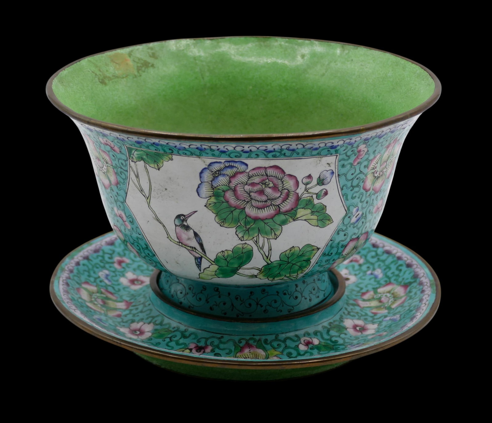 Old Chinese Peking Enamel Bowl with Underplate: Old Chinese Peking Enamel Bowl with Underplate 4"x6". Polychrome enameled with panels of birds and blossoming flowers. Unmarked. Some hairline cracking to enamel. Overall excellent condition.