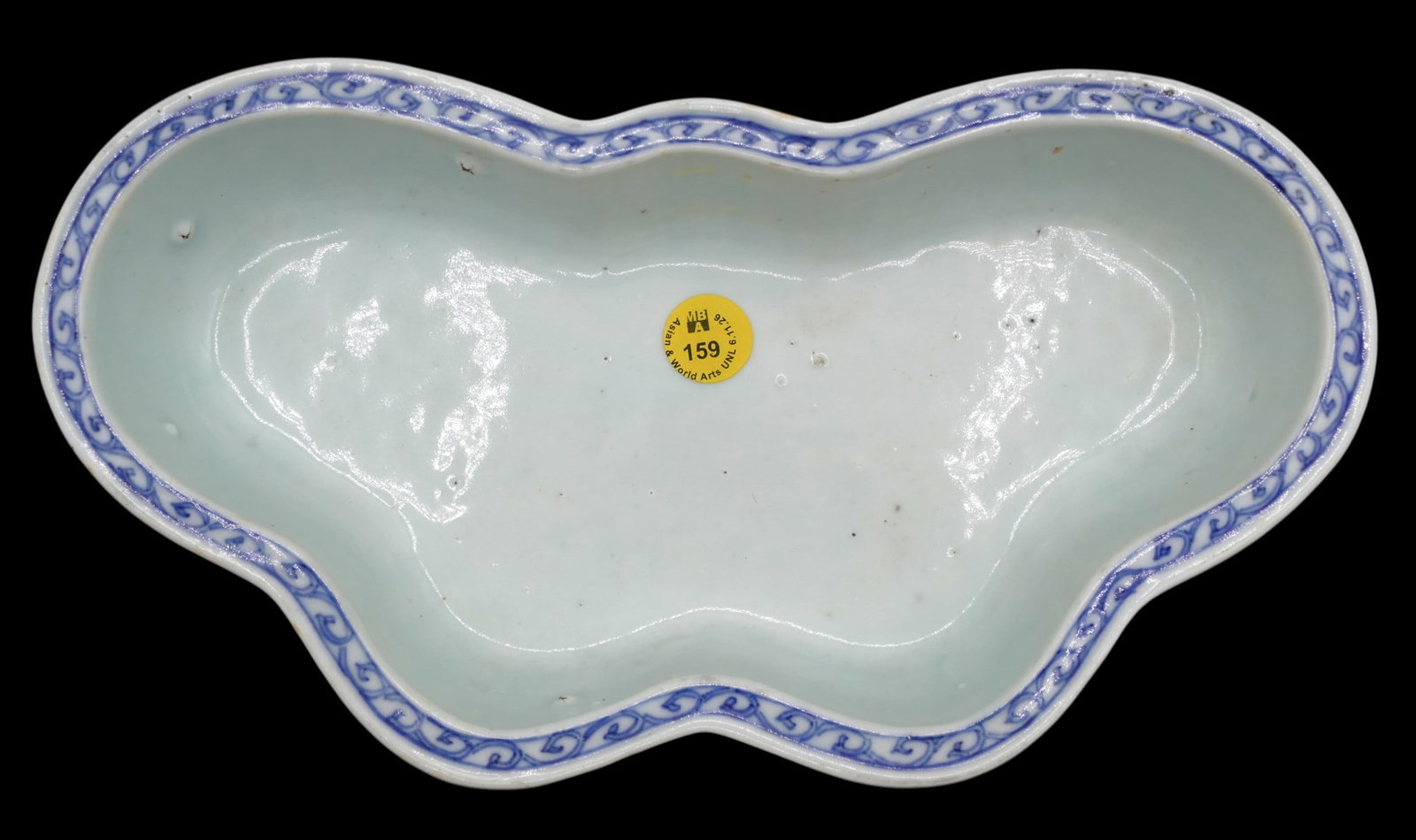 Antique Chinese Blue and White Butterfly Form Bulb Planter: Antique Chinese Blue and White Butterfly Form Bulb Planter 5.5"x10.25". Blue underglaze scrolling flower and vine motifs. Unmarked with red wax export seal on bottom. A few glaze pops to upper edge.