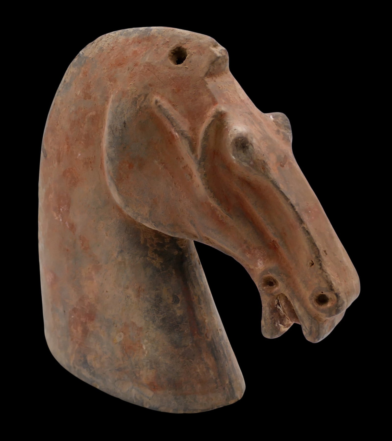 Chinese Han Dynasty Greyware Horse Head: Chinese Han Dynasty Greyware Horse Head 7"x6.5". Original red painted surface. Overall excellent condition. 3rd century, Han dynasty.