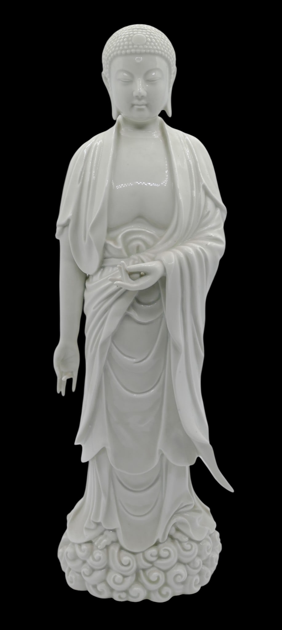 Old Chinese Dehua Blanc de Chine Porcelain Standing Buddha: Old Chinese Dehua Blanc de Chine Porcelain Standing Buddha 15.5"x5". Unmarked. Slight roughness to edge of one finger and a small firing crack to robe edge. Excellent condition, examined under
