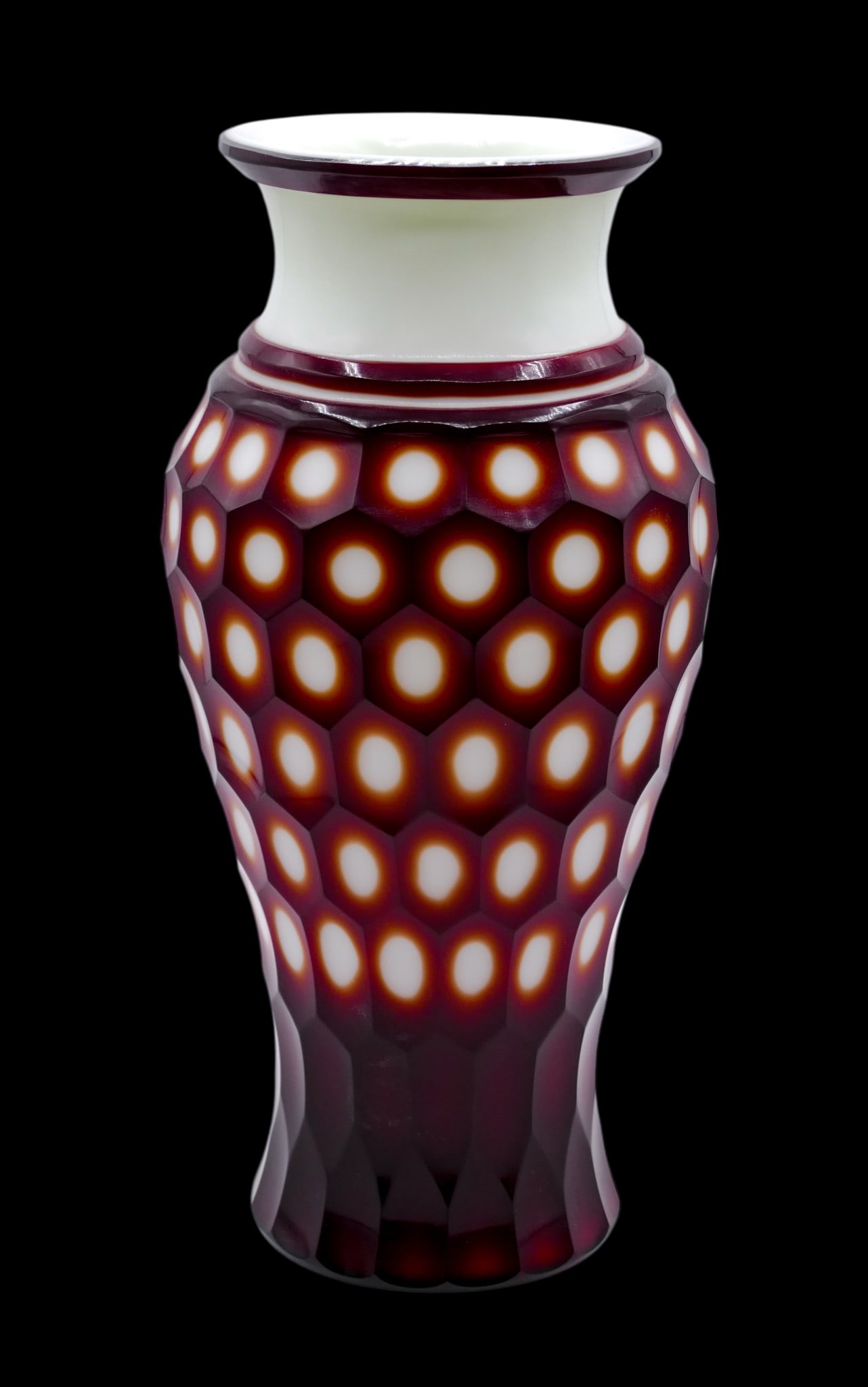 Old Chinese Red Cut Overlay Peking Glass Vase: Old Chinese Red Cut Overlay Peking Glass Vase 12"x6". Deep red over white cut peking glass. Unmarked. Excellent condition.